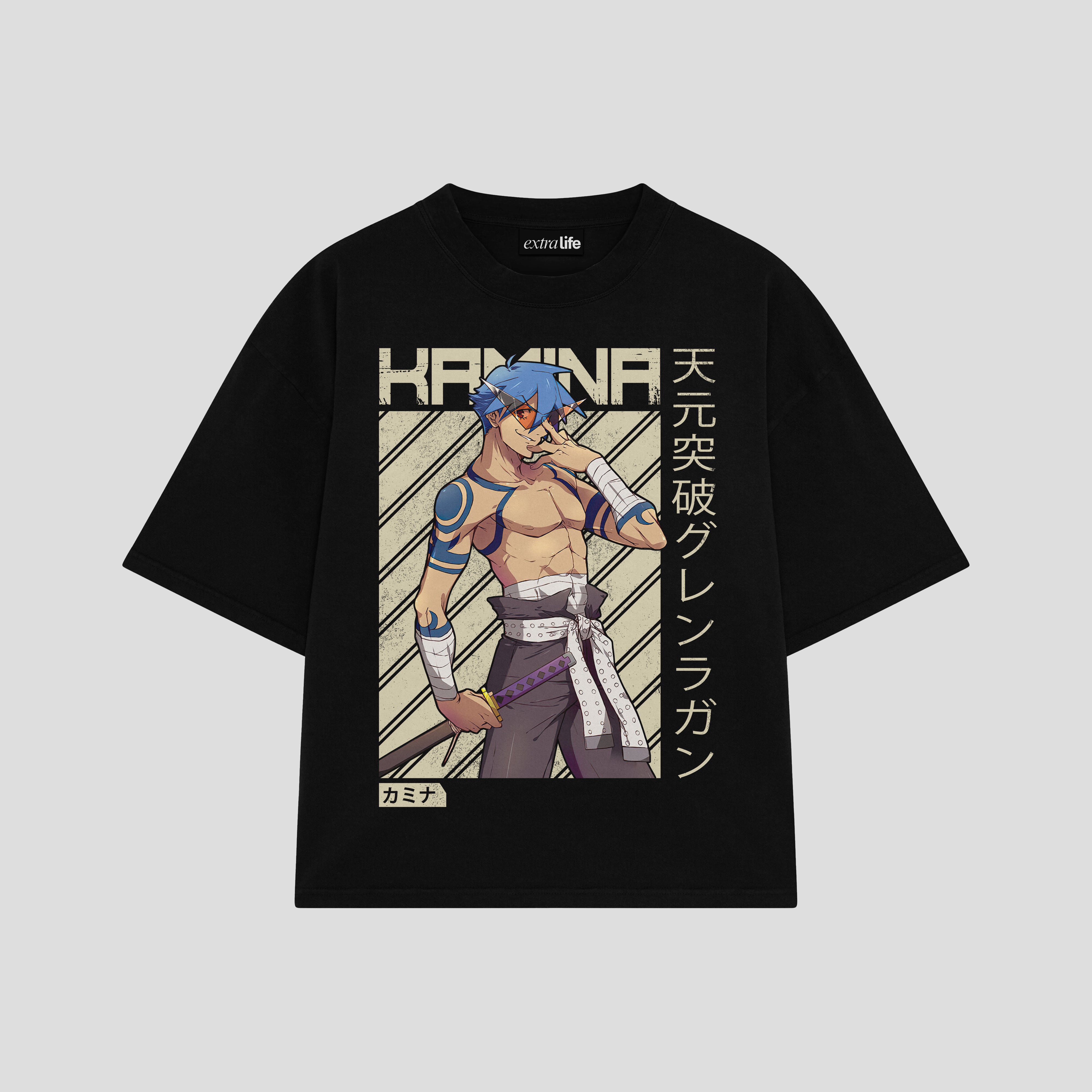 Playera streetwear premium de anime y gaming ExtraLife MX, corte boxy oversized drop shoulder heavyweight en color Deep Black y Off-White, moda urbana mexicana de culto.