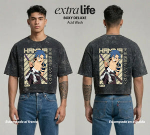 Playera streetwear premium de anime y gaming ExtraLife MX, corte boxy deluxe mineral wash heavyweight en color Acid Wash, moda urbana mexicana de culto.