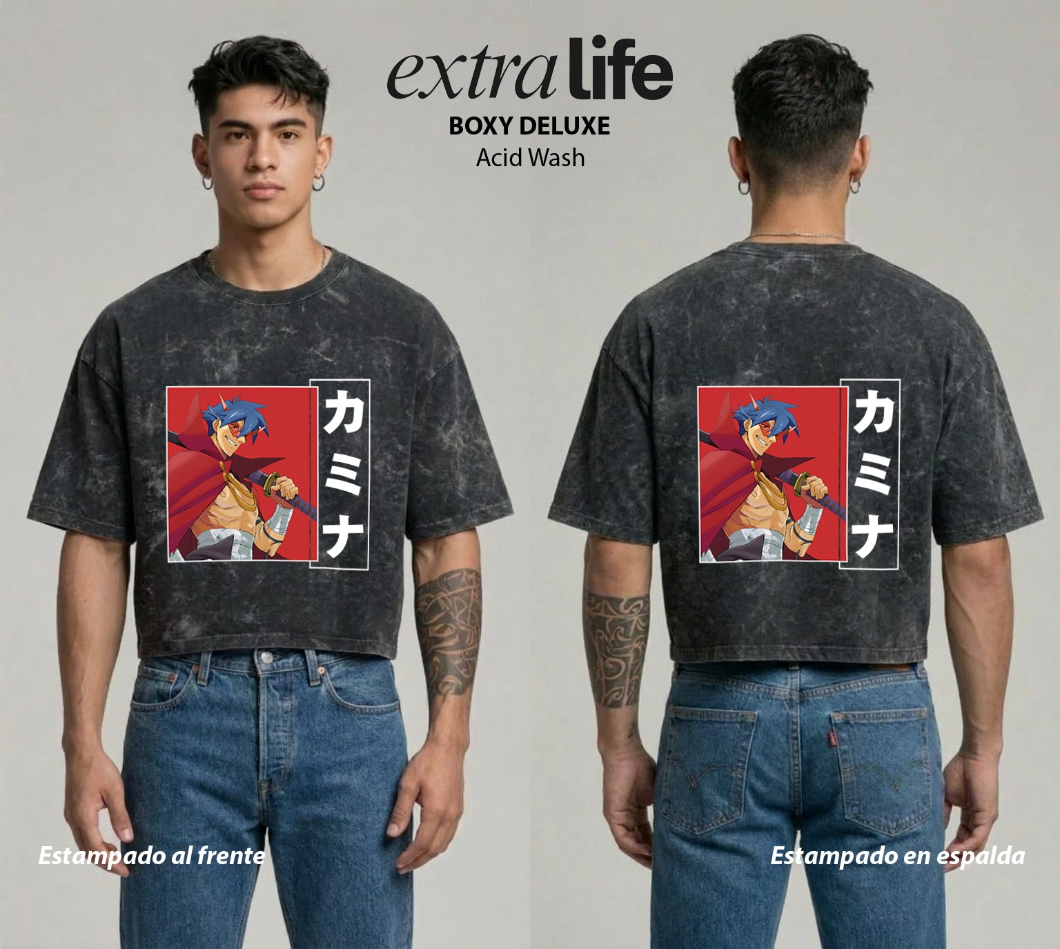 Playera streetwear premium de anime y gaming ExtraLife MX, corte boxy deluxe mineral wash heavyweight en color Acid Wash, moda urbana mexicana de culto.