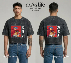 Playera streetwear premium de anime y gaming ExtraLife MX, corte boxy deluxe mineral wash heavyweight en color Acid Wash, moda urbana mexicana de culto.