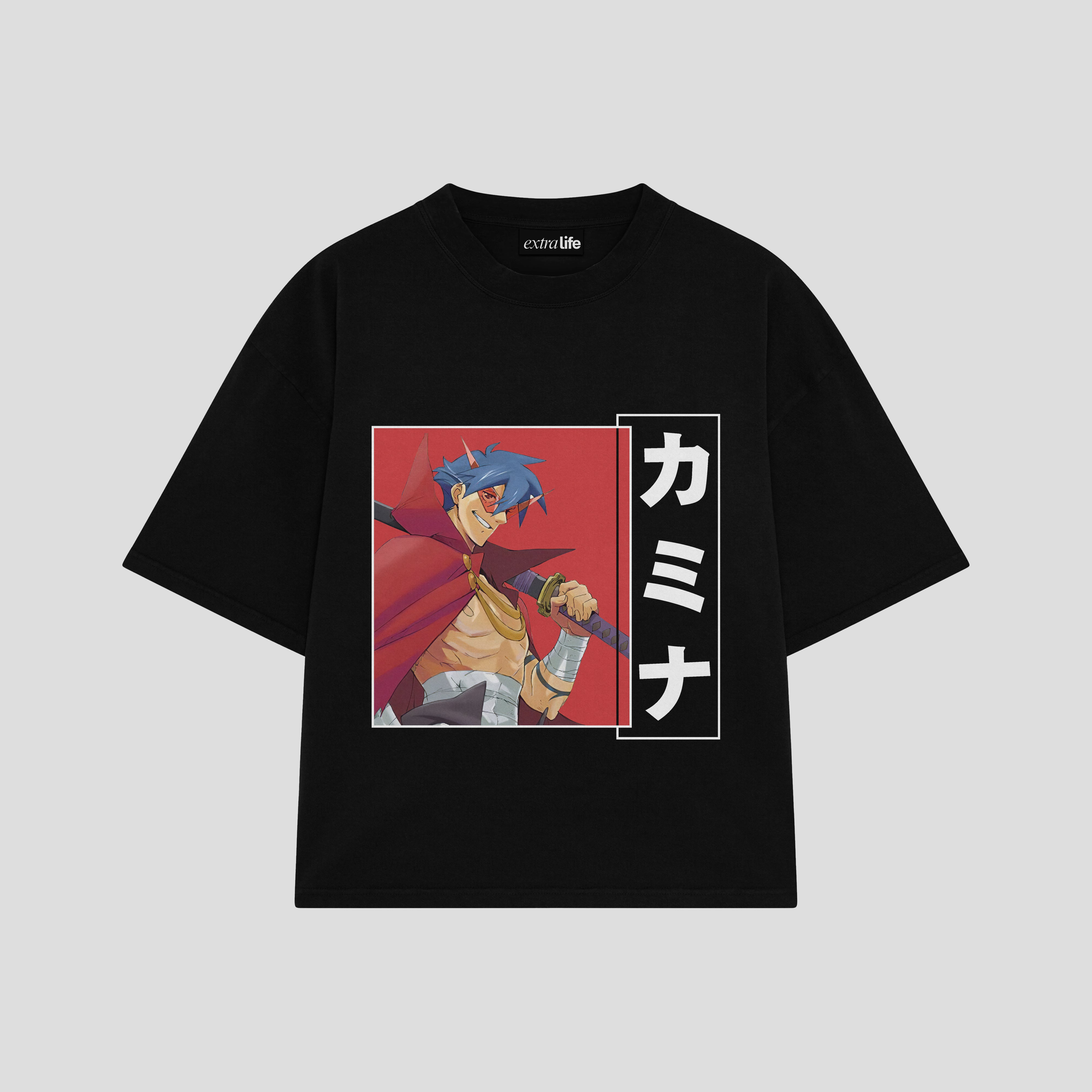 Playera streetwear premium de anime y gaming ExtraLife MX, corte boxy oversized drop shoulder heavyweight en color Deep Black y Off-White, moda urbana mexicana de culto.