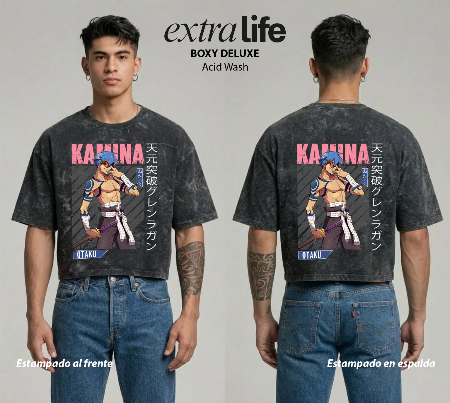Playera streetwear premium de anime y gaming ExtraLife MX, corte boxy deluxe mineral wash heavyweight en color Acid Wash, moda urbana mexicana de culto.