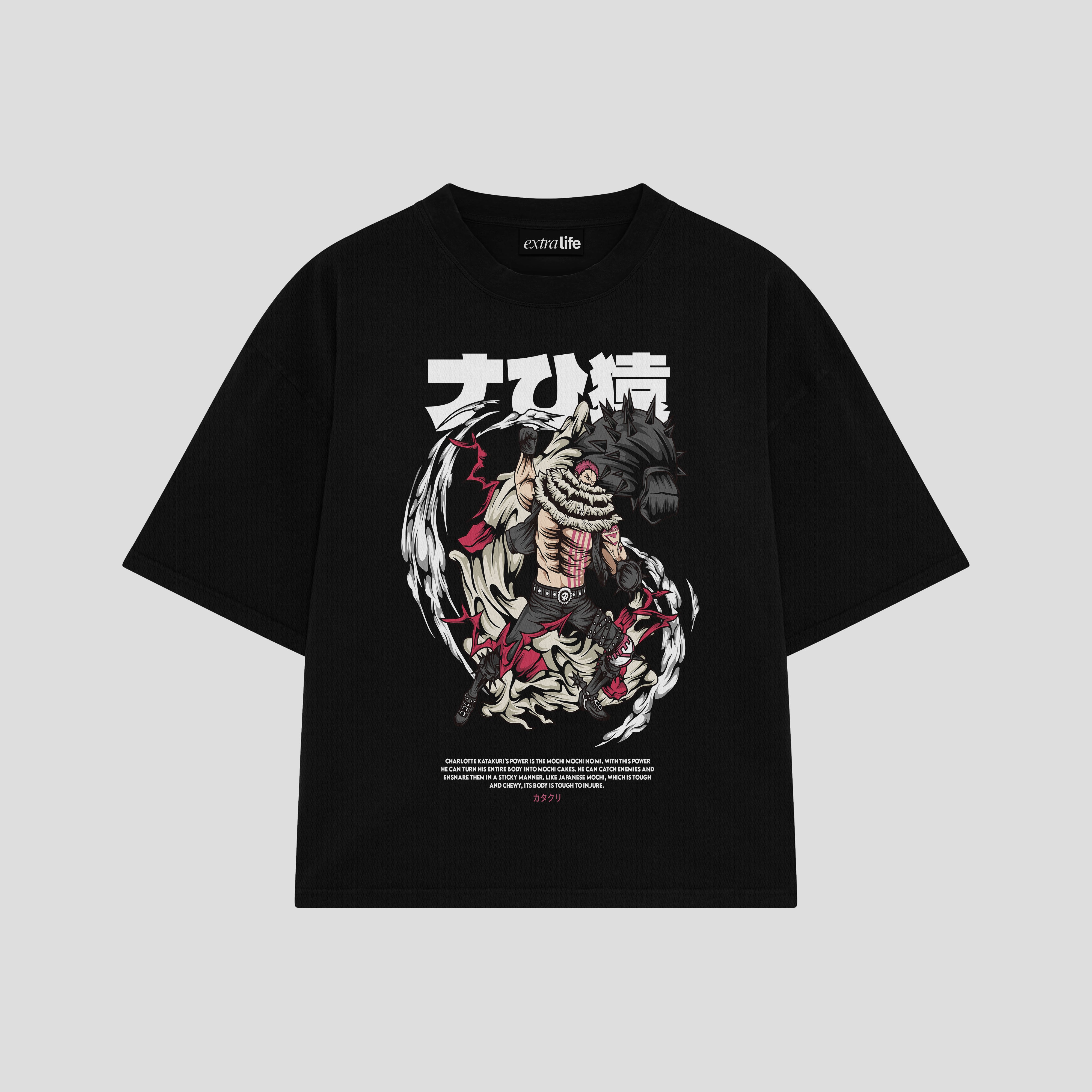 Playera streetwear premium de anime y gaming ExtraLife MX, corte boxy oversized drop shoulder heavyweight en color Deep Black y Off-White, moda urbana mexicana de culto.