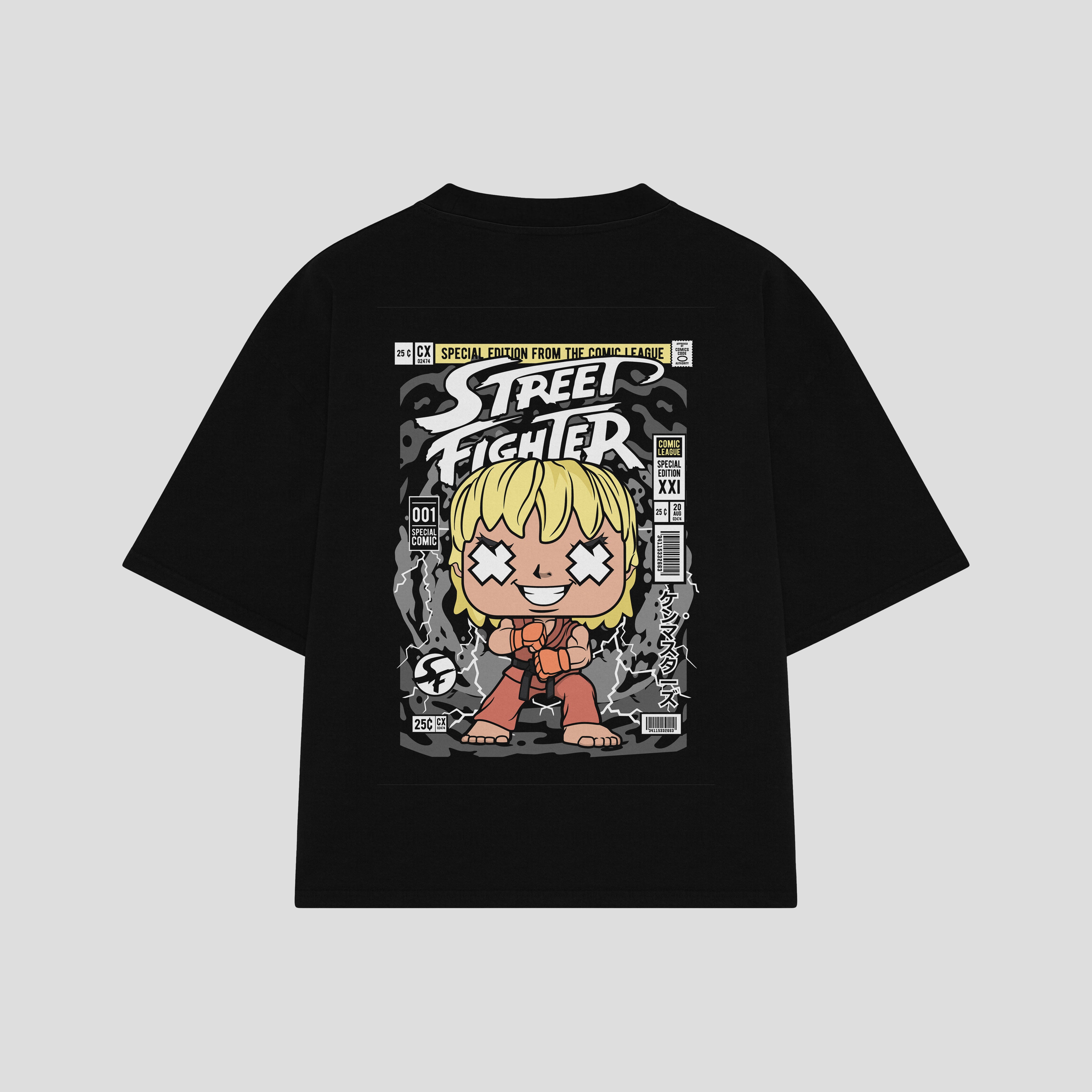 Playera streetwear premium de anime y gaming ExtraLife MX, corte boxy oversized drop shoulder heavyweight en color Deep Black y Off-White, moda urbana mexicana de culto.