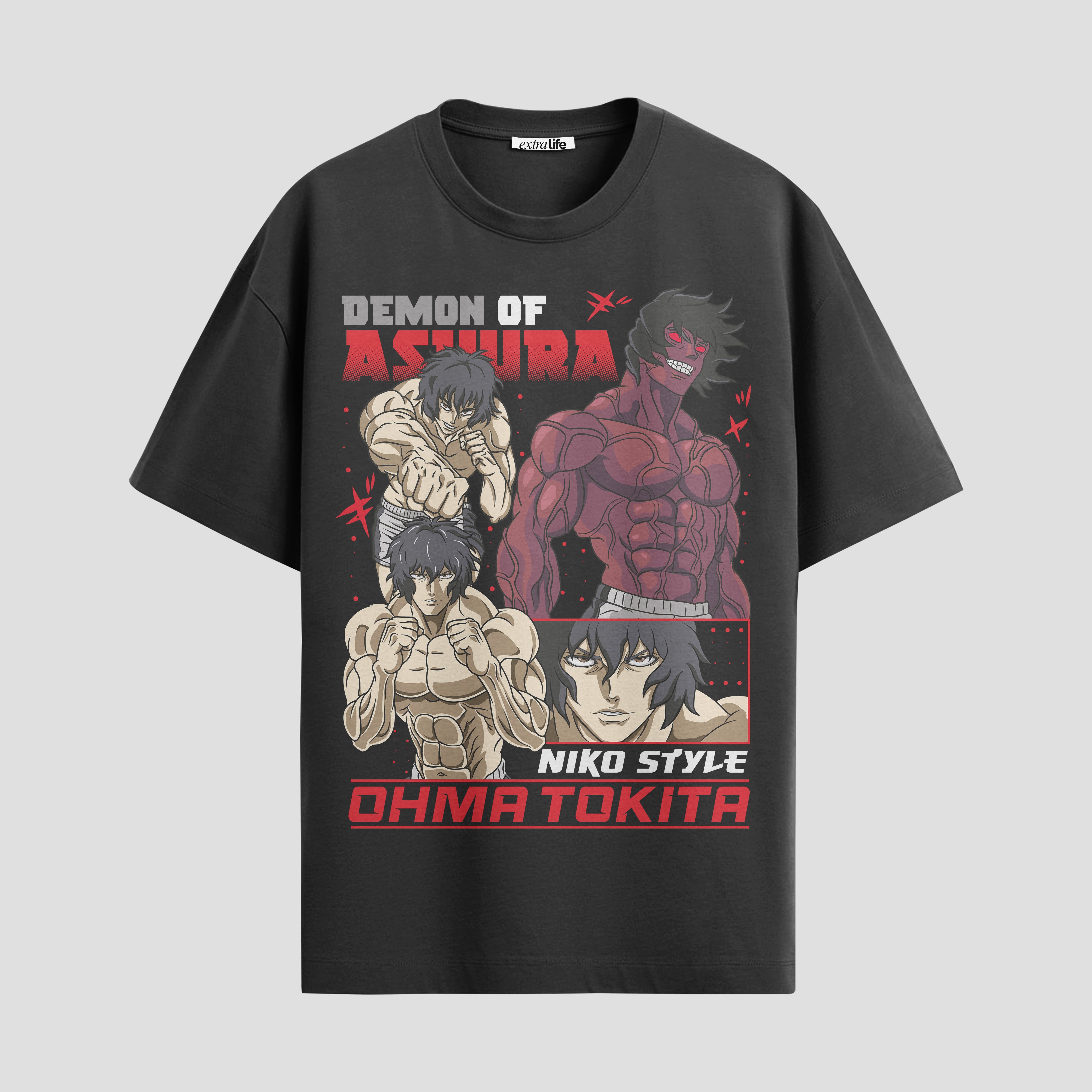 Playera urbana de anime y gaming ExtraLife MX, corte Standard Fit unisex ligero y transpirable en color Deep Black y Pure White, ropa de uso diario para gym y casual.