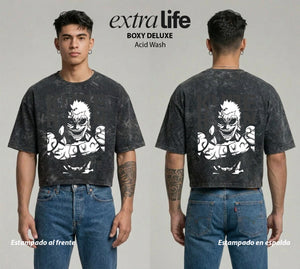 Playera streetwear premium de anime y gaming ExtraLife MX, corte boxy deluxe mineral wash heavyweight en color Acid Wash, moda urbana mexicana de culto.