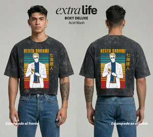 Playera streetwear premium de anime y gaming ExtraLife MX, corte boxy deluxe mineral wash heavyweight en color Acid Wash, moda urbana mexicana de culto.