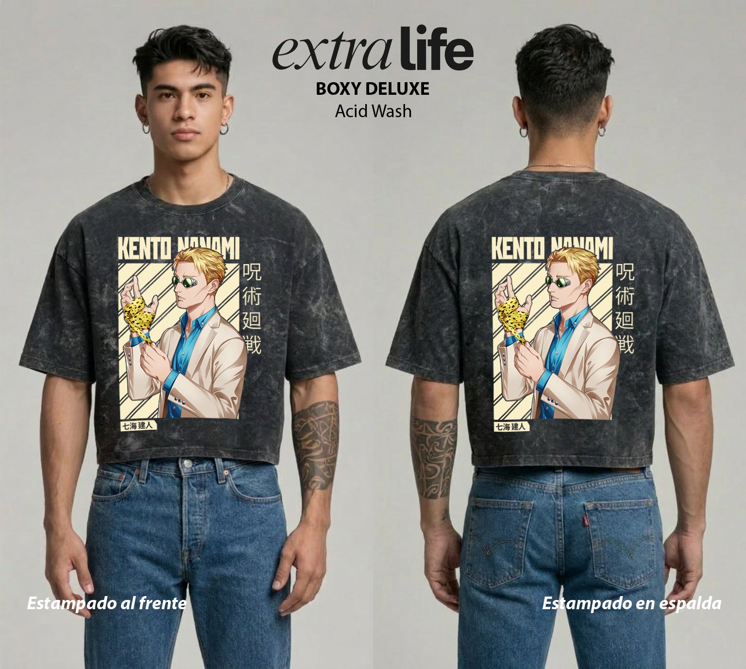 Playera streetwear premium de anime y gaming ExtraLife MX, corte boxy deluxe mineral wash heavyweight en color Acid Wash, moda urbana mexicana de culto.
