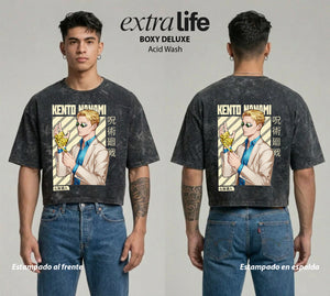 Playera streetwear premium de anime y gaming ExtraLife MX, corte boxy deluxe mineral wash heavyweight en color Acid Wash, moda urbana mexicana de culto.
