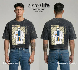 Playera streetwear premium de anime y gaming ExtraLife MX, corte boxy deluxe mineral wash heavyweight en color Acid Wash, moda urbana mexicana de culto.