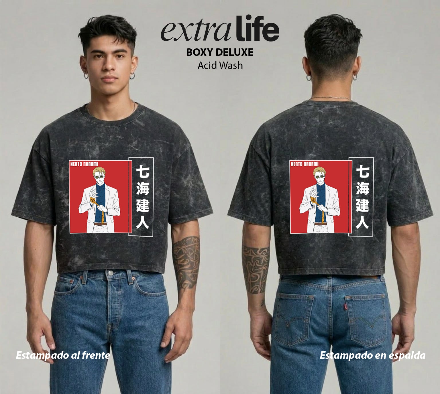 Playera streetwear premium de anime y gaming ExtraLife MX, corte boxy deluxe mineral wash heavyweight en color Acid Wash, moda urbana mexicana de culto.