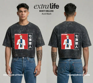 Playera streetwear premium de anime y gaming ExtraLife MX, corte boxy deluxe mineral wash heavyweight en color Acid Wash, moda urbana mexicana de culto.
