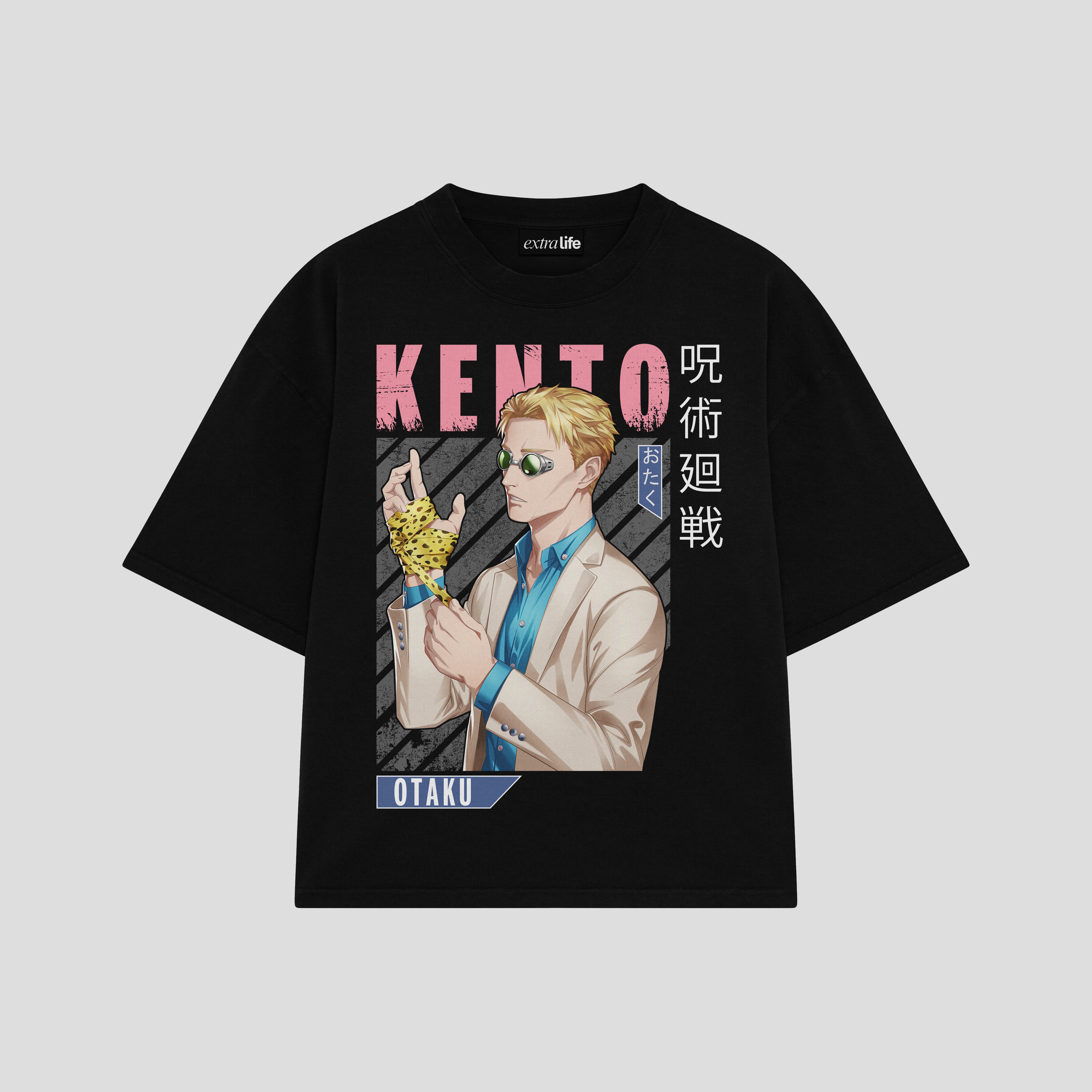 Playera streetwear premium de anime y gaming ExtraLife MX, corte boxy oversized drop shoulder heavyweight en color Deep Black y Off-White, moda urbana mexicana de culto.