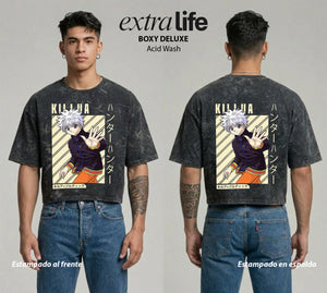 Playera streetwear premium de anime y gaming ExtraLife MX, corte boxy deluxe mineral wash heavyweight en color Acid Wash, moda urbana mexicana de culto.