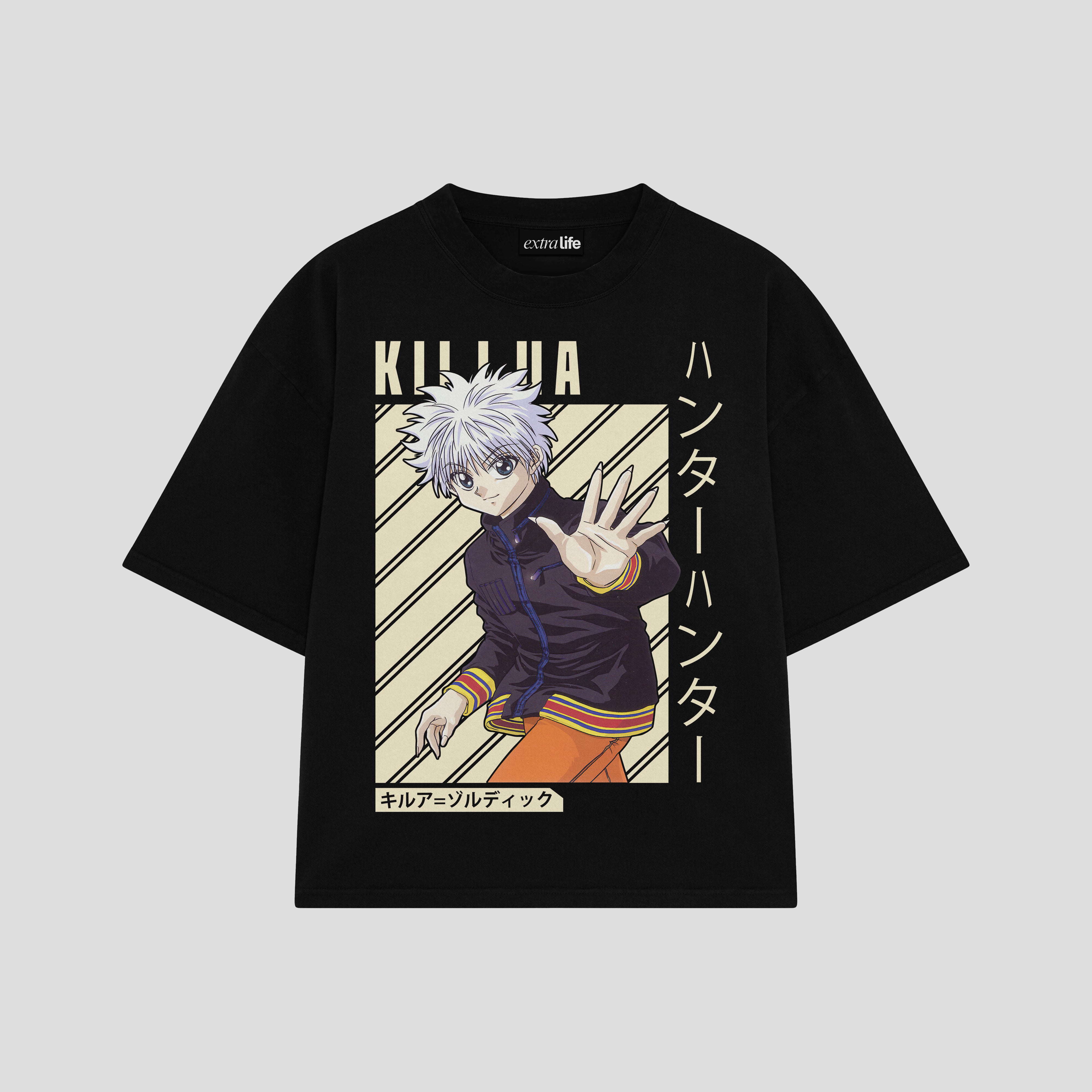 Playera streetwear premium de anime y gaming ExtraLife MX, corte boxy oversized drop shoulder heavyweight en color Deep Black y Off-White, moda urbana mexicana de culto.