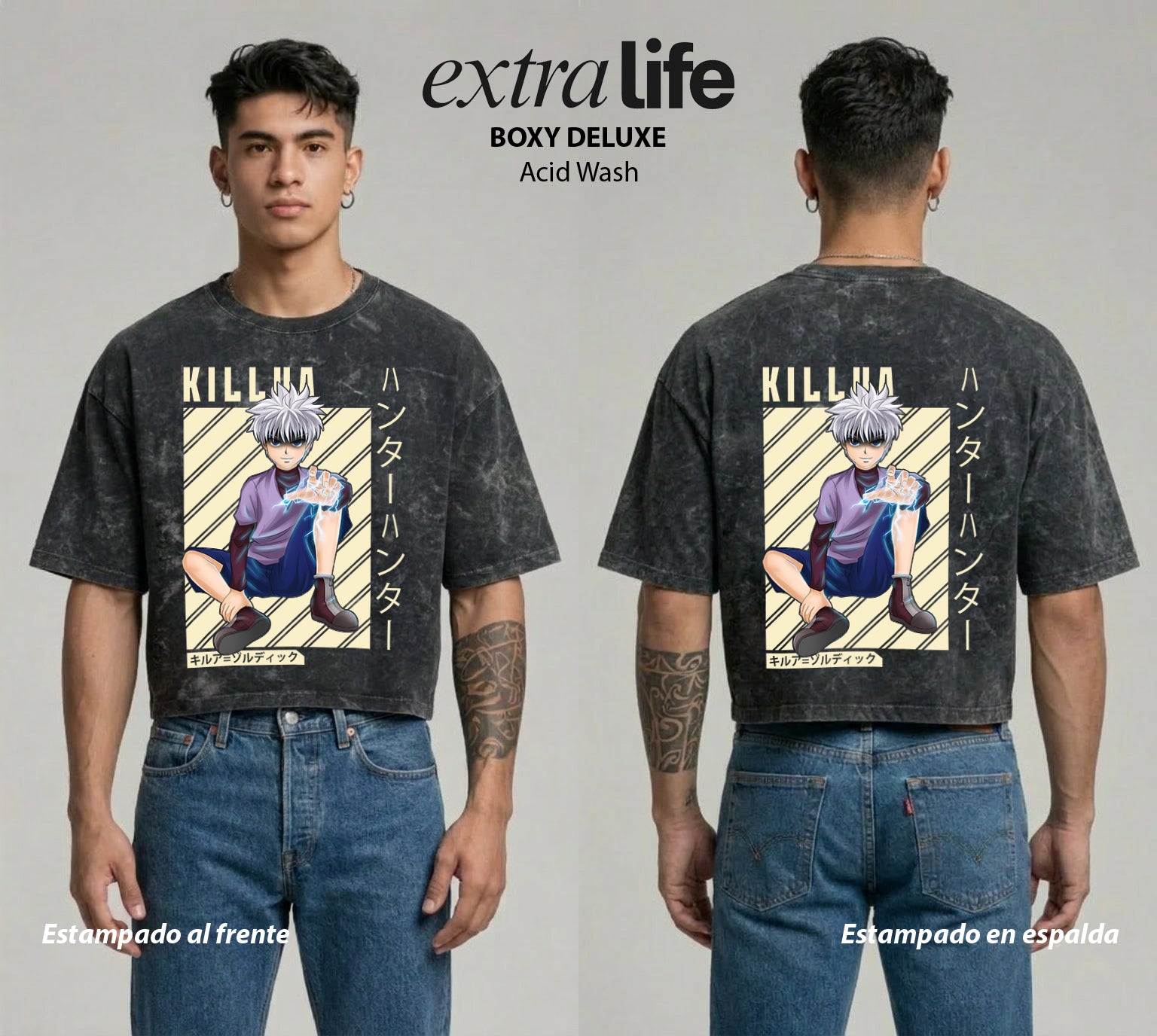 Playera streetwear premium de anime y gaming ExtraLife MX, corte boxy deluxe mineral wash heavyweight en color Acid Wash, moda urbana mexicana de culto.