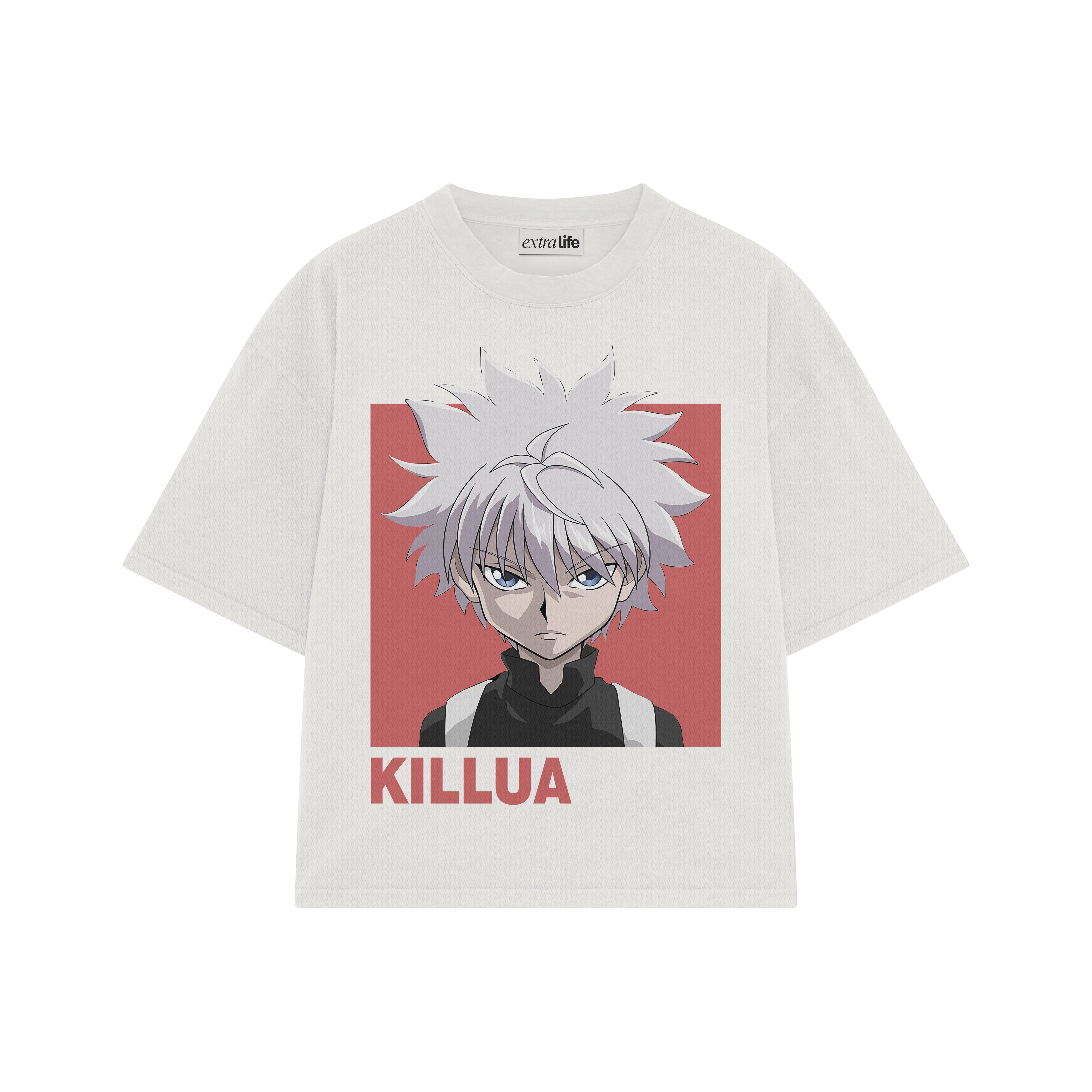 Playera streetwear premium de anime y gaming ExtraLife MX, corte boxy oversized drop shoulder heavyweight en color Deep Black y Off-White, moda urbana mexicana de culto.