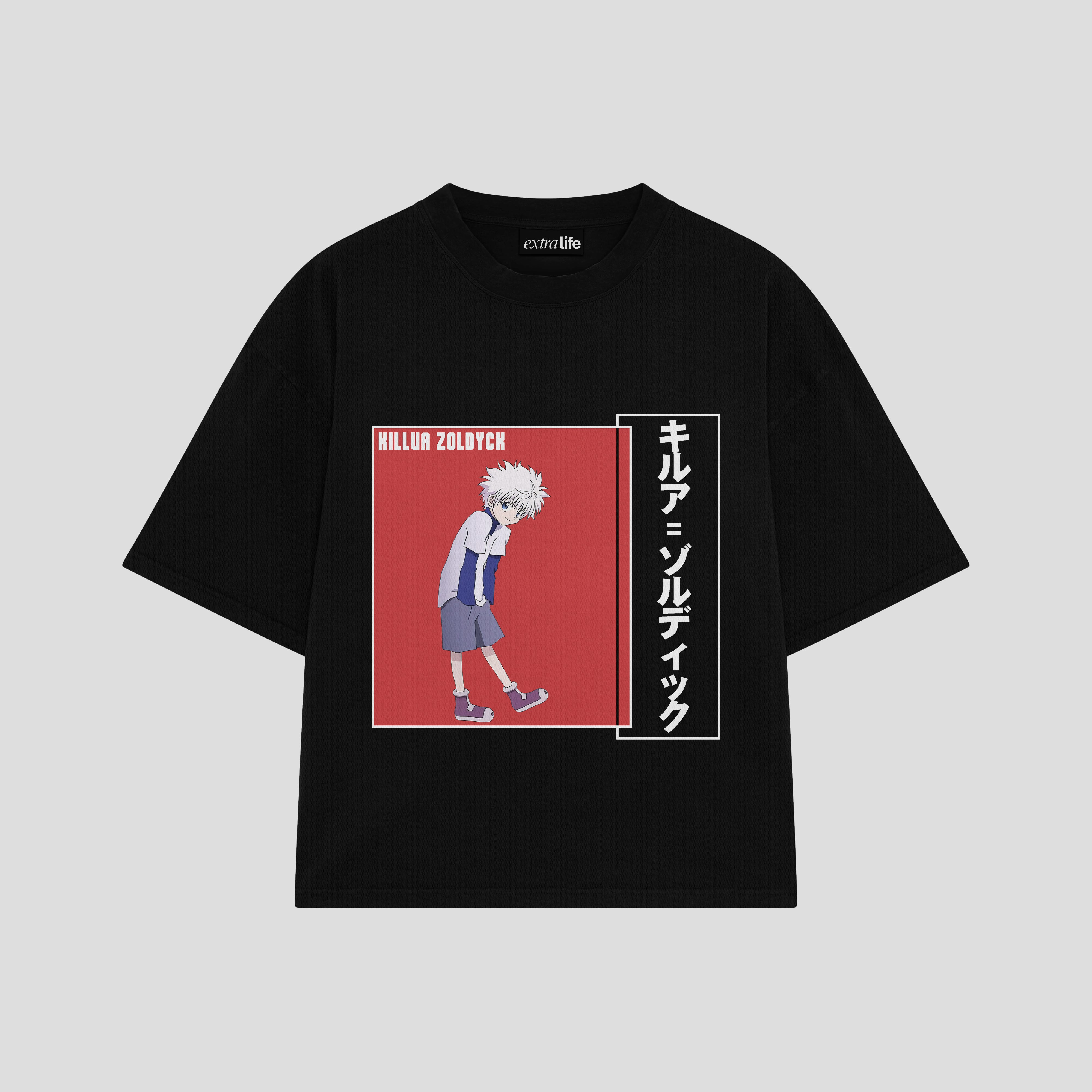 Playera streetwear premium de anime y gaming ExtraLife MX, corte boxy oversized drop shoulder heavyweight en color Deep Black y Off-White, moda urbana mexicana de culto.