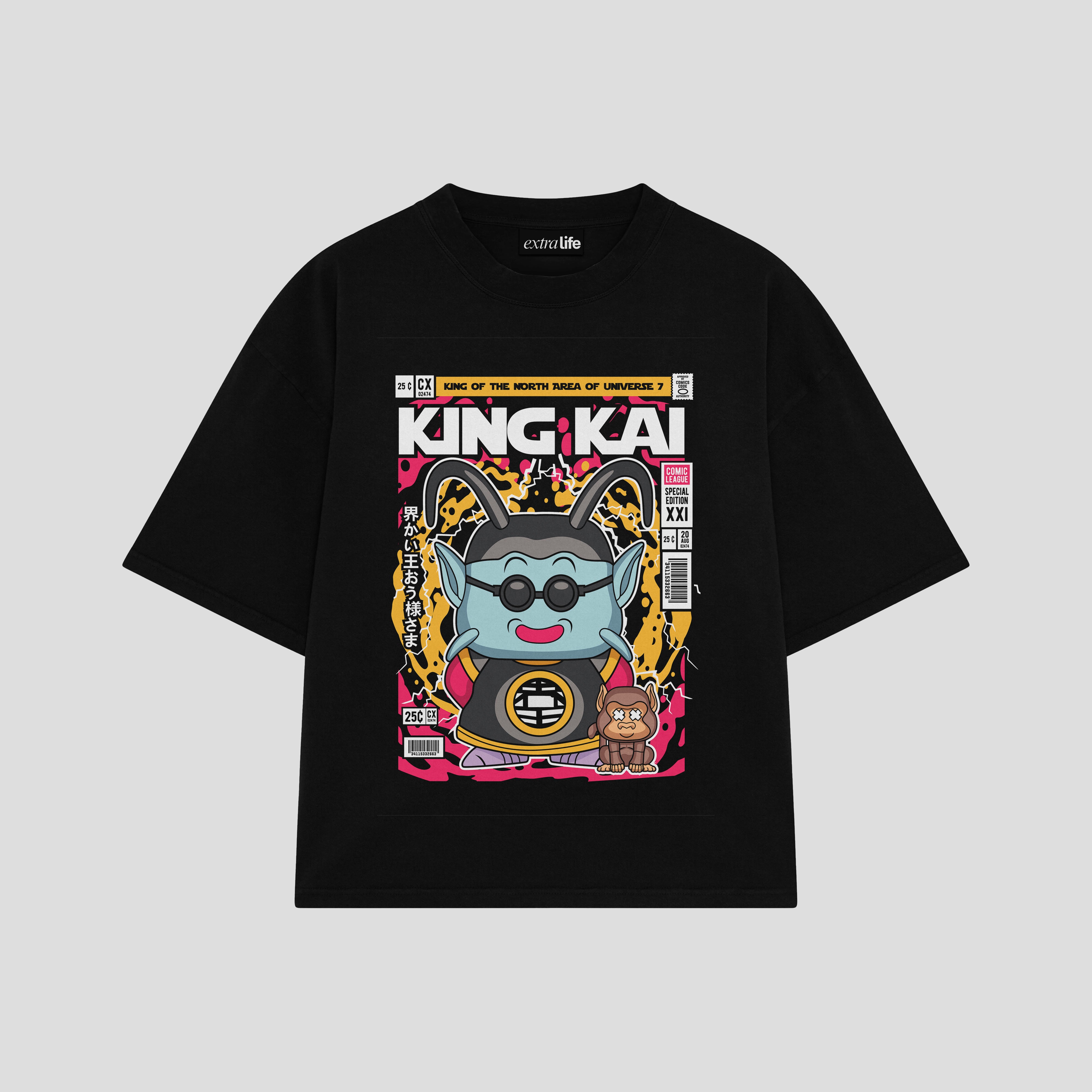 Playera streetwear premium de anime y gaming ExtraLife MX, corte boxy oversized drop shoulder heavyweight en color Deep Black y Off-White, moda urbana mexicana de culto.