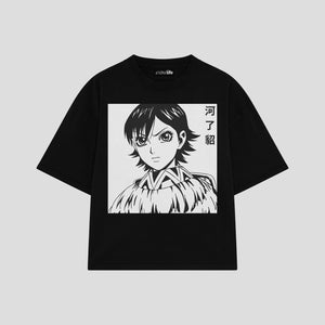 Playera streetwear premium de anime y gaming ExtraLife MX, corte boxy oversized drop shoulder heavyweight en color Deep Black y Off-White, moda urbana mexicana de culto.