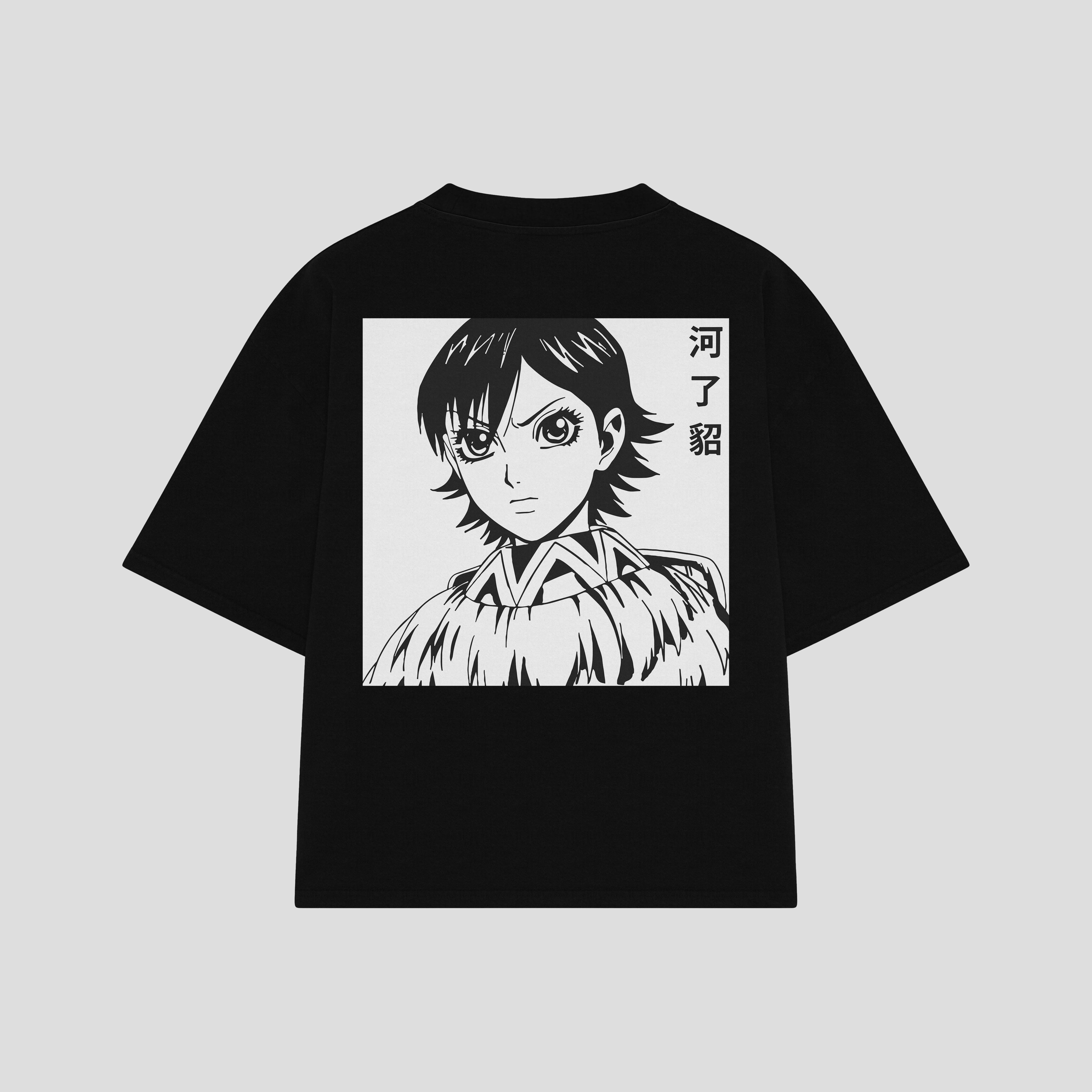 Playera streetwear premium de anime y gaming ExtraLife MX, corte boxy oversized drop shoulder heavyweight en color Deep Black y Off-White, moda urbana mexicana de culto.