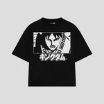 Playera streetwear premium de anime y gaming ExtraLife MX, corte boxy oversized drop shoulder heavyweight en color Deep Black y Off-White, moda urbana mexicana de culto.