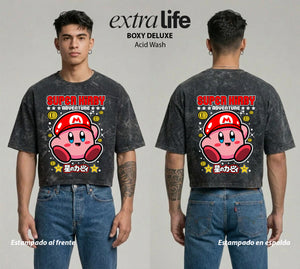 Playera streetwear premium de anime y gaming ExtraLife MX, corte boxy deluxe mineral wash heavyweight en color Acid Wash, moda urbana mexicana de culto.