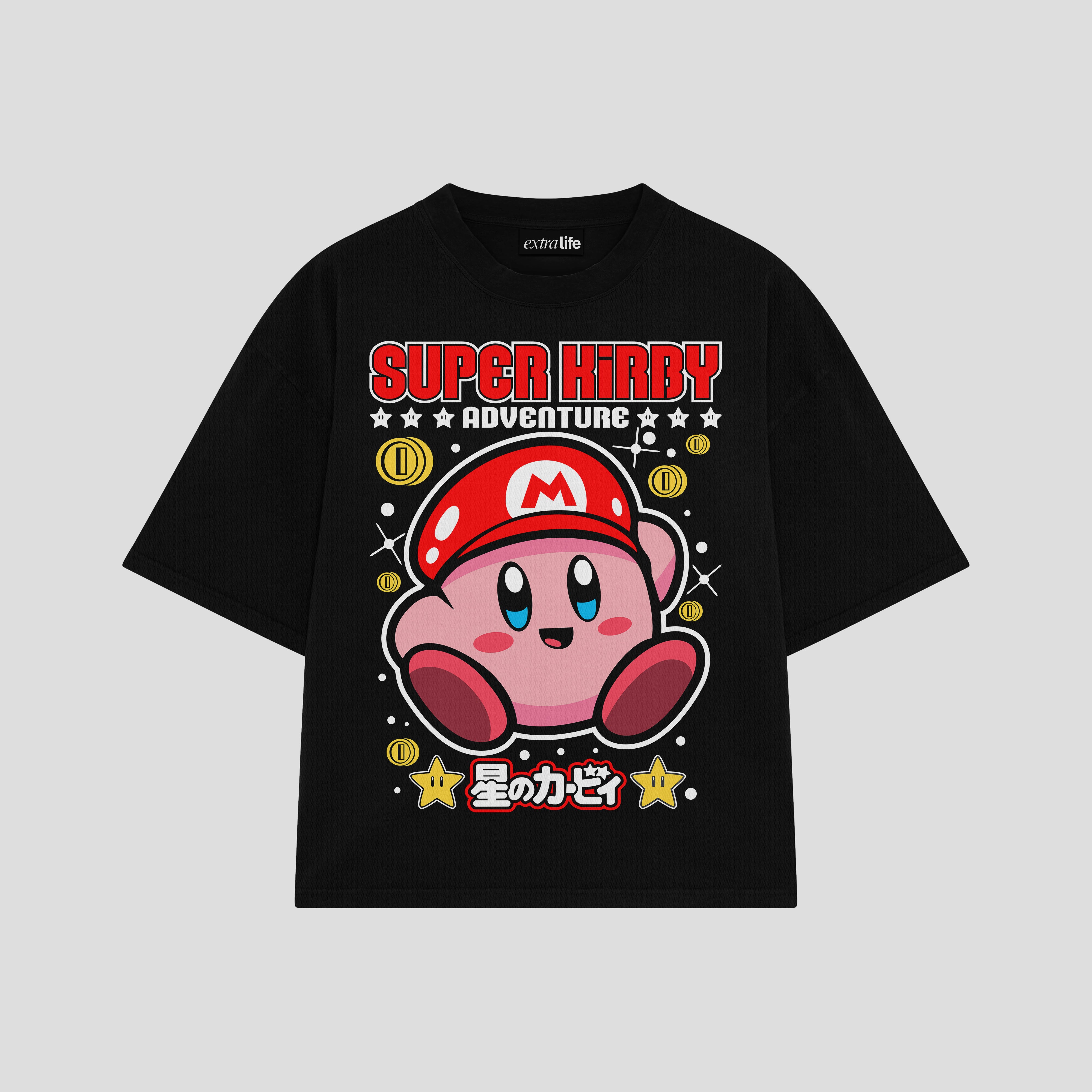 Playera streetwear premium de anime y gaming ExtraLife MX, corte boxy oversized drop shoulder heavyweight en color Deep Black y Off-White, moda urbana mexicana de culto.