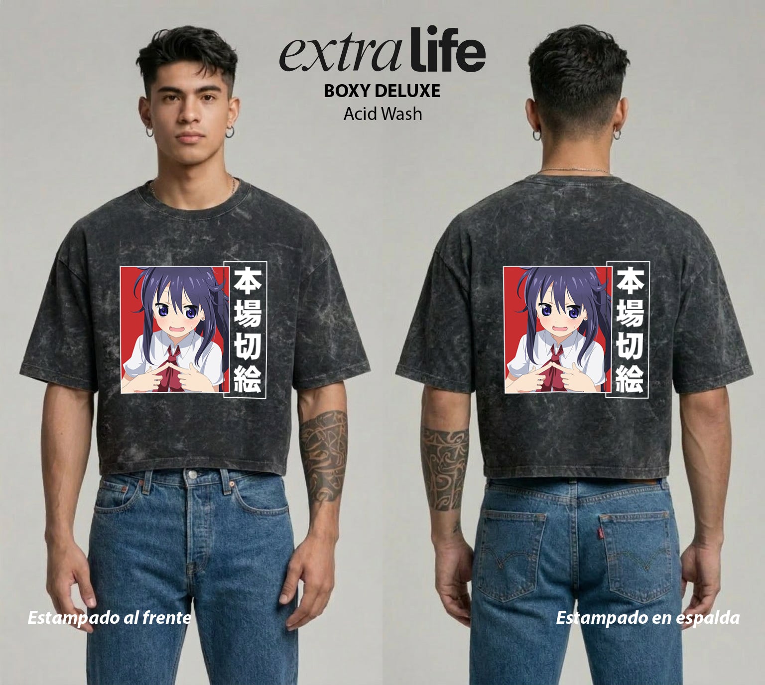 Playera streetwear premium de anime y gaming ExtraLife MX, corte boxy deluxe mineral wash heavyweight en color Acid Wash, moda urbana mexicana de culto.