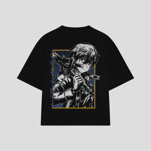 Playera streetwear premium de anime y gaming ExtraLife MX, corte boxy oversized drop shoulder heavyweight en color Deep Black y Off-White, moda urbana mexicana de culto.