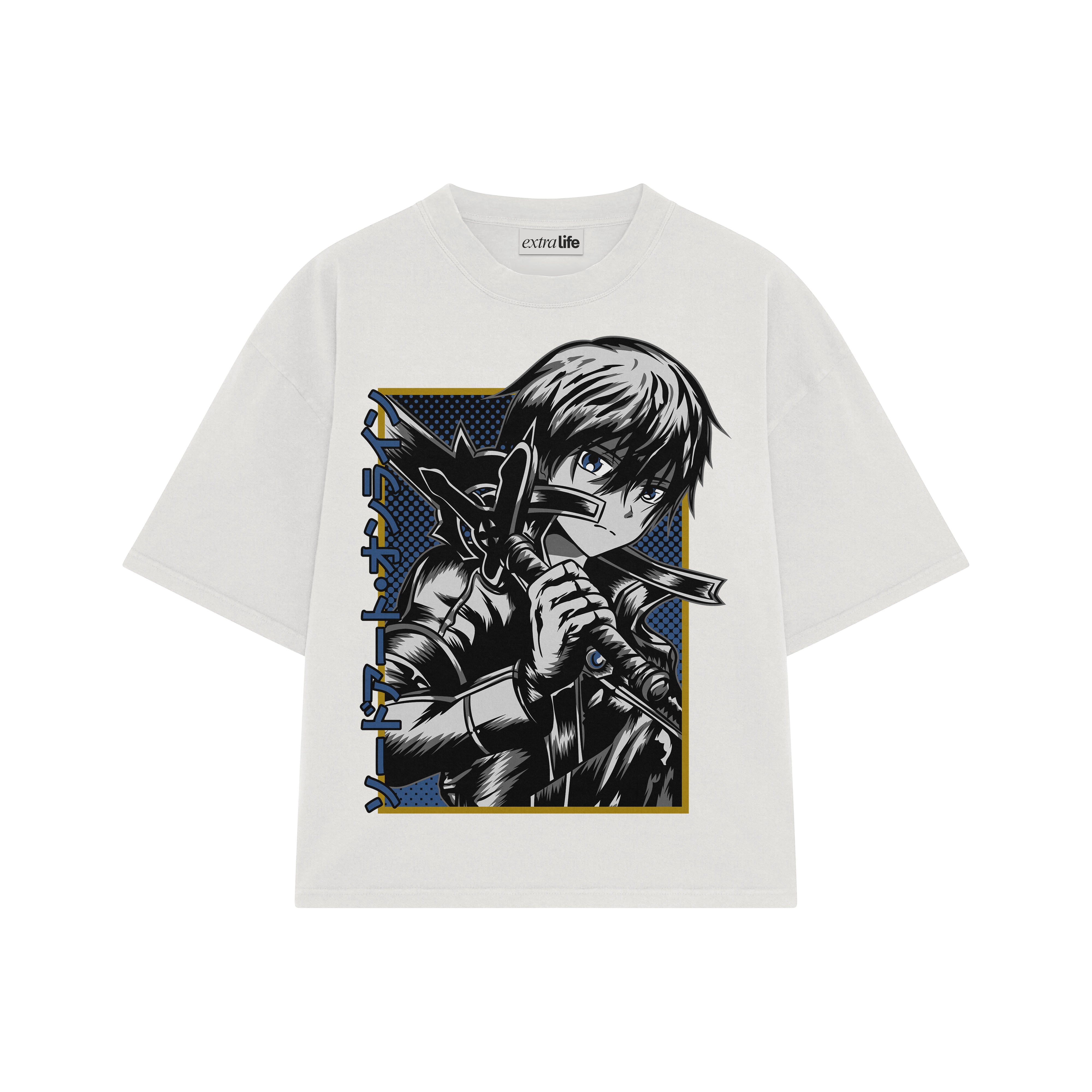 Playera streetwear premium de anime y gaming ExtraLife MX, corte boxy oversized drop shoulder heavyweight en color Deep Black y Off-White, moda urbana mexicana de culto.