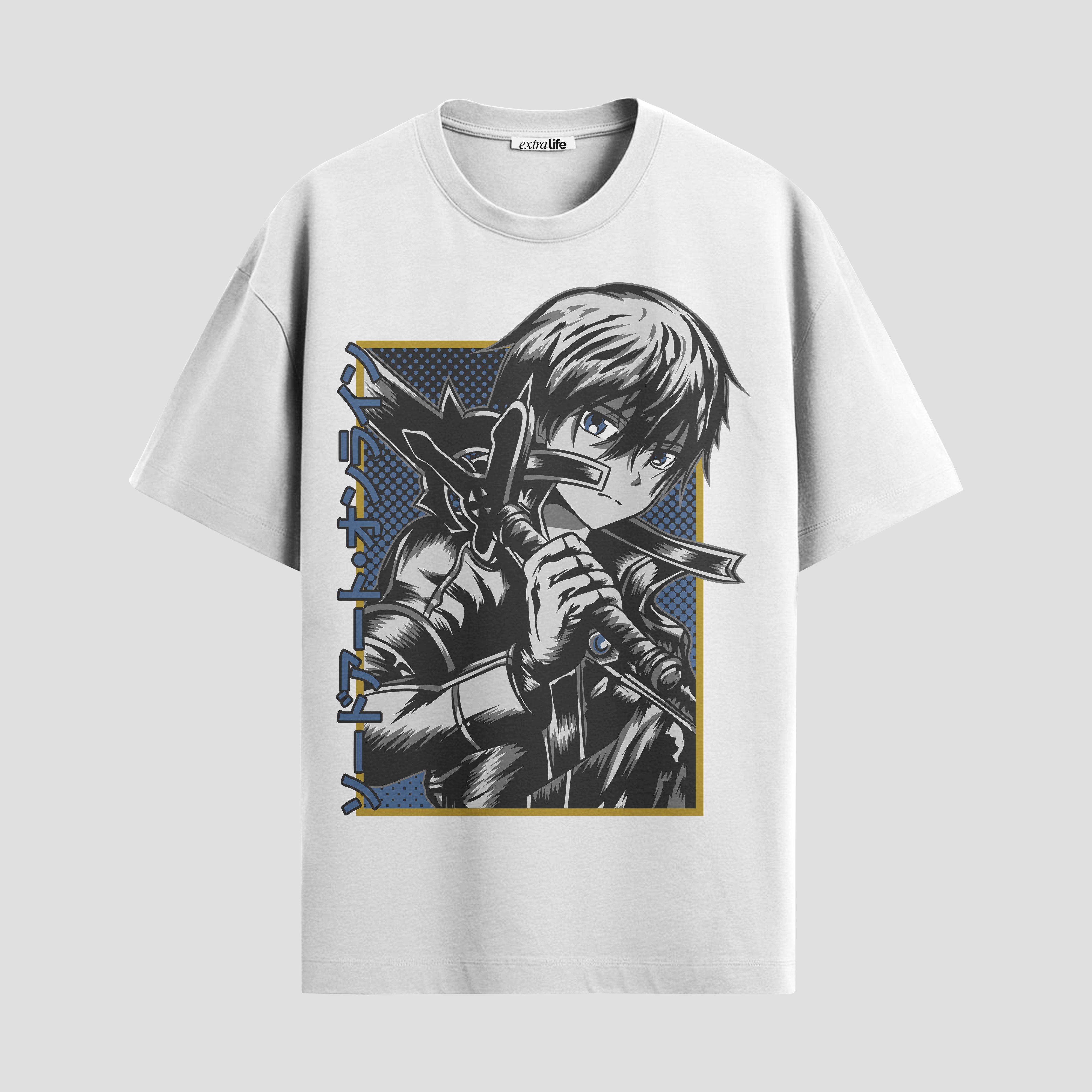 Playera urbana de anime y gaming ExtraLife MX, corte Standard Fit unisex ligero y transpirable en color Deep Black y Pure White, ropa de uso diario para gym y casual.