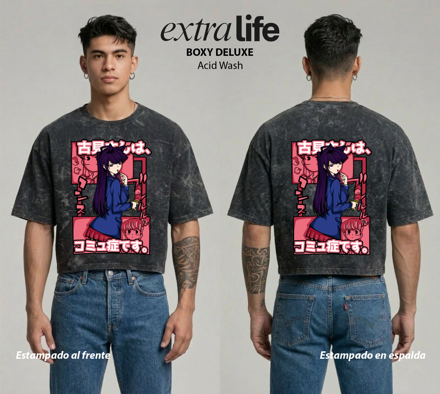 Playera streetwear premium de anime y gaming ExtraLife MX, corte boxy deluxe mineral wash heavyweight en color Acid Wash, moda urbana mexicana de culto.