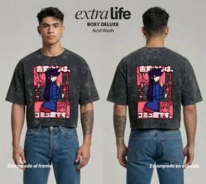 Playera streetwear premium de anime y gaming ExtraLife MX, corte boxy deluxe mineral wash heavyweight en color Acid Wash, moda urbana mexicana de culto.