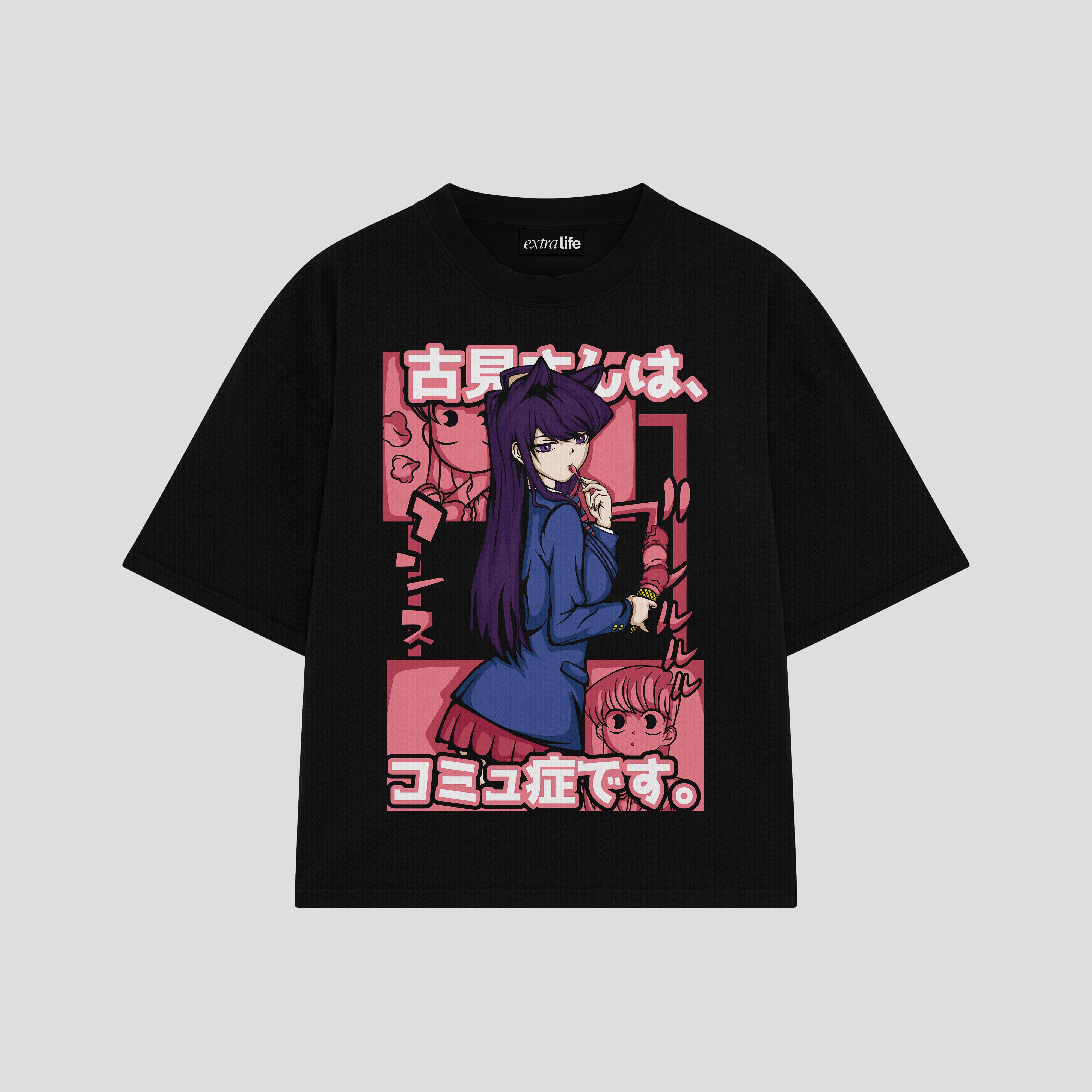 Playera streetwear premium de anime y gaming ExtraLife MX, corte boxy oversized drop shoulder heavyweight en color Deep Black y Off-White, moda urbana mexicana de culto.