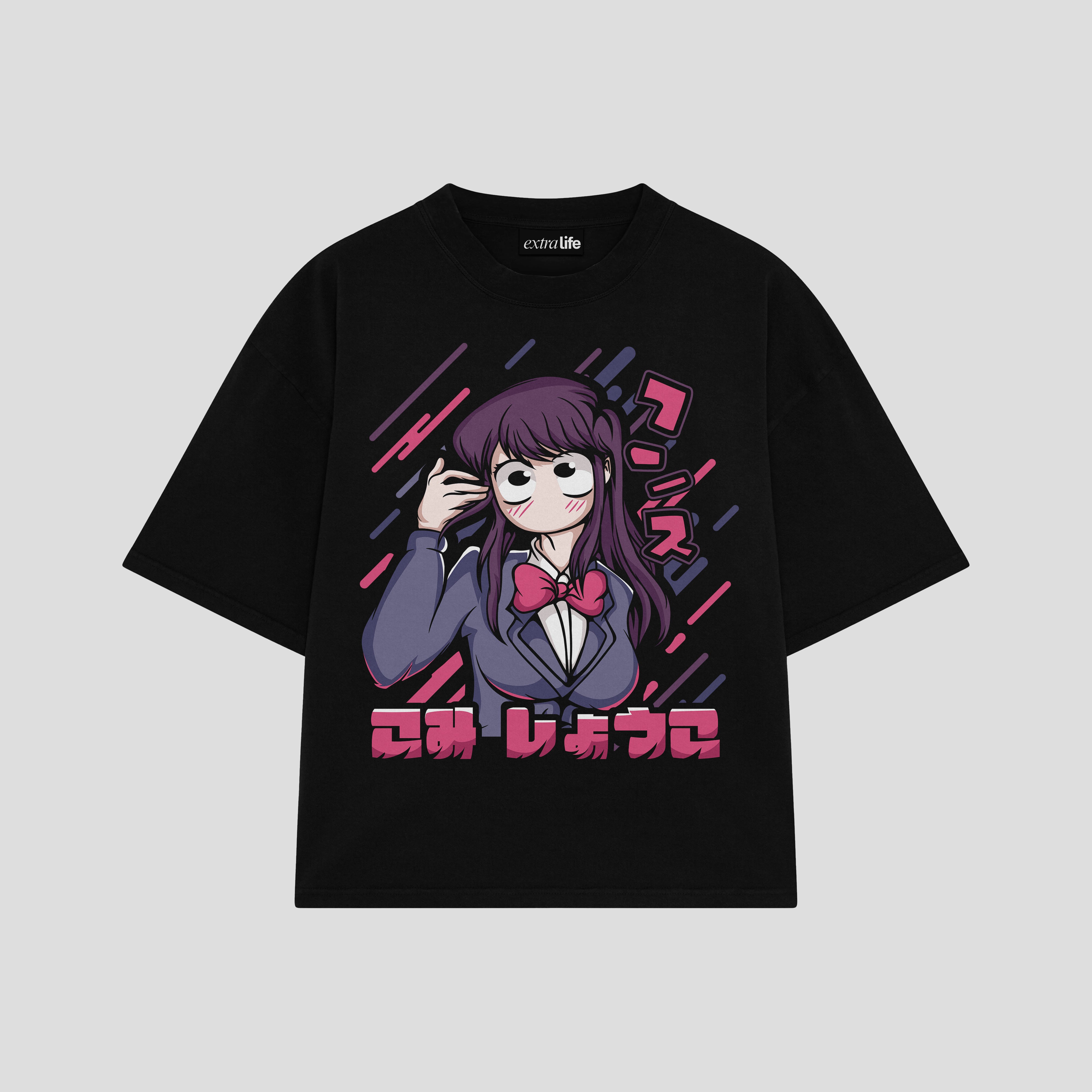 Playera streetwear premium de anime y gaming ExtraLife MX, corte boxy oversized drop shoulder heavyweight en color Deep Black y Off-White, moda urbana mexicana de culto.