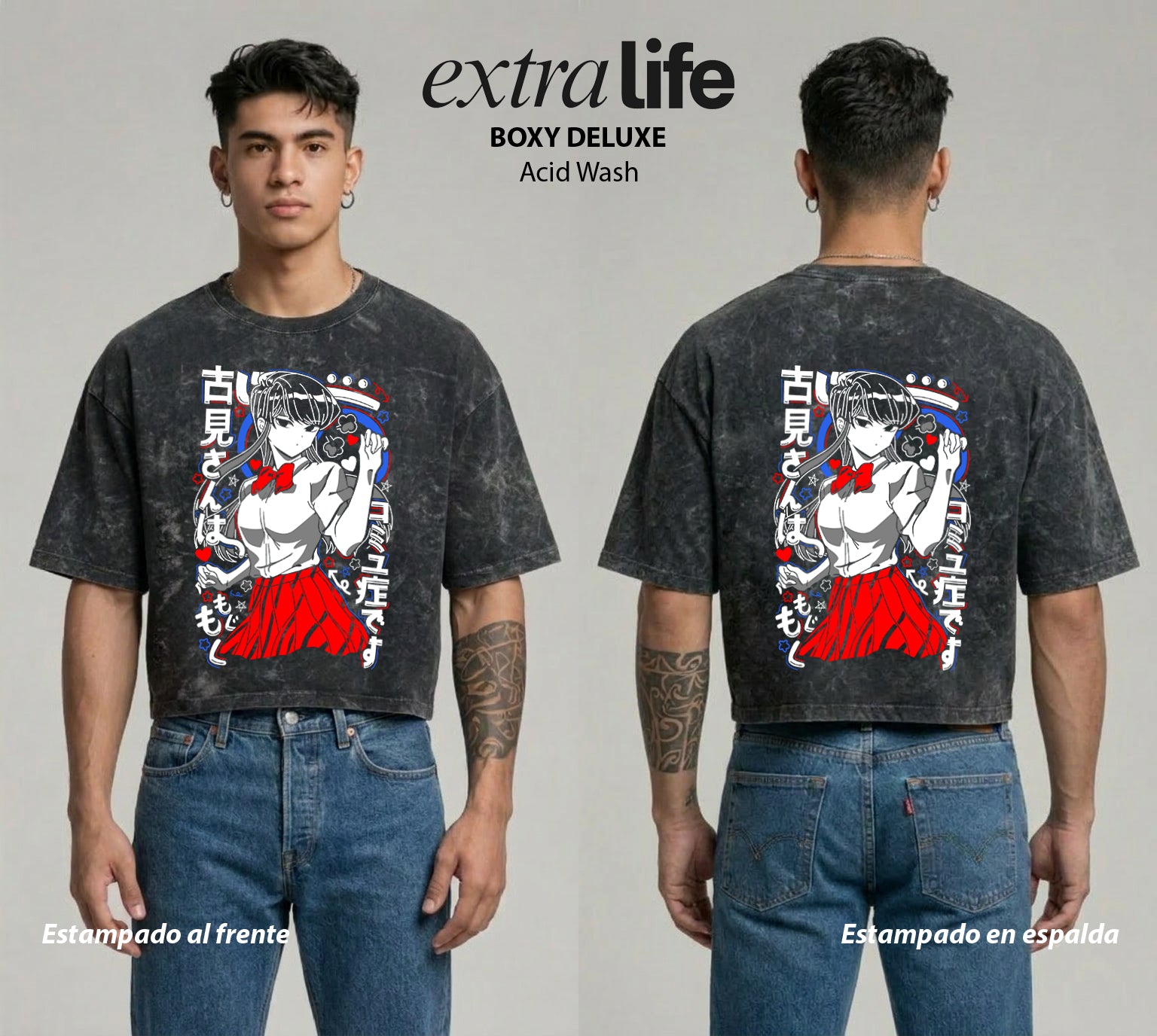 Playera streetwear premium de anime y gaming ExtraLife MX, corte boxy deluxe mineral wash heavyweight en color Acid Wash, moda urbana mexicana de culto.