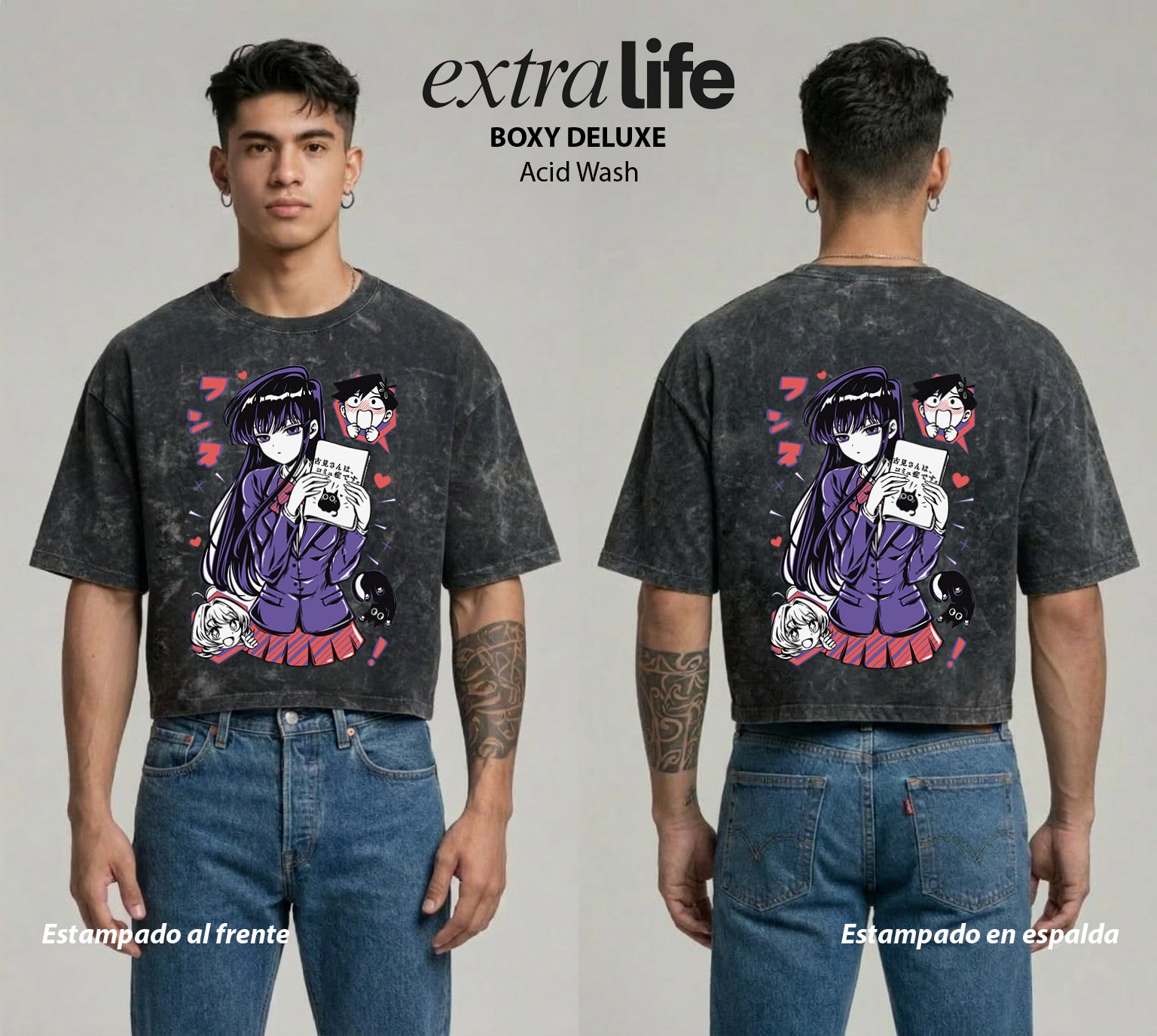 Playera streetwear premium de anime y gaming ExtraLife MX, corte boxy deluxe mineral wash heavyweight en color Acid Wash, moda urbana mexicana de culto.