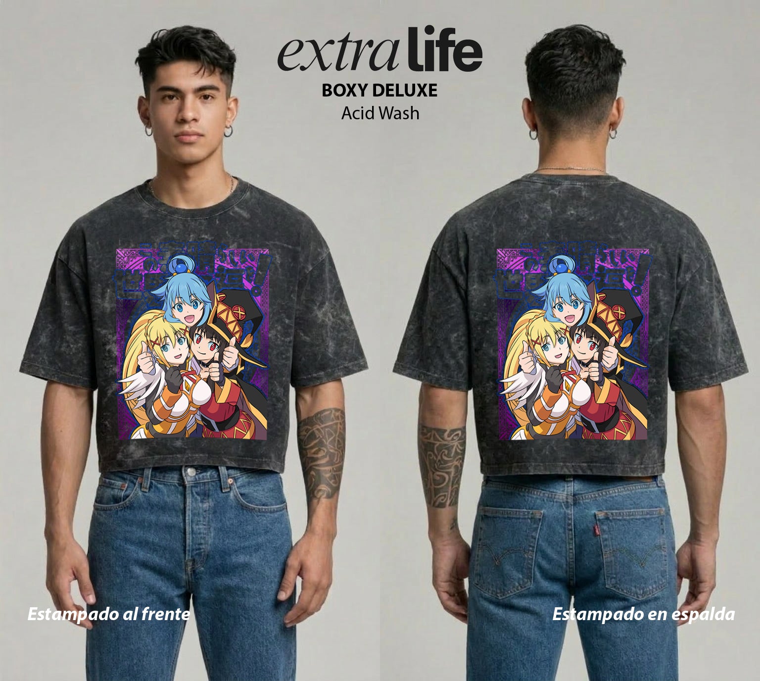 Playera streetwear premium de anime y gaming ExtraLife MX, corte boxy deluxe mineral wash heavyweight en color Acid Wash, moda urbana mexicana de culto.