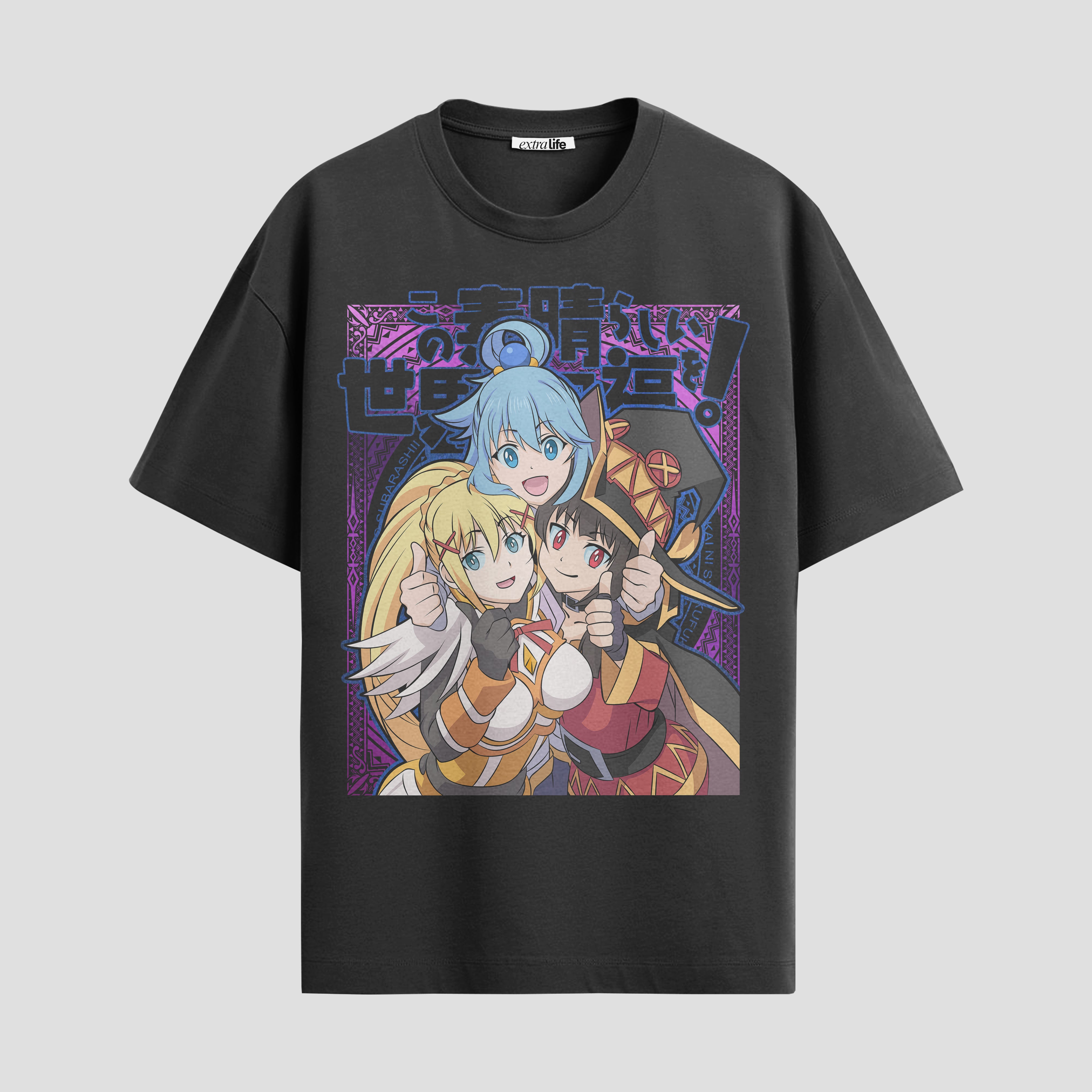 Playera urbana de anime y gaming ExtraLife MX, corte Standard Fit unisex ligero y transpirable en color Deep Black y Pure White, ropa de uso diario para gym y casual.