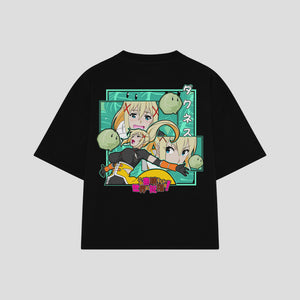 Playera streetwear premium de anime y gaming ExtraLife MX, corte boxy oversized drop shoulder heavyweight en color Deep Black y Off-White, moda urbana mexicana de culto.