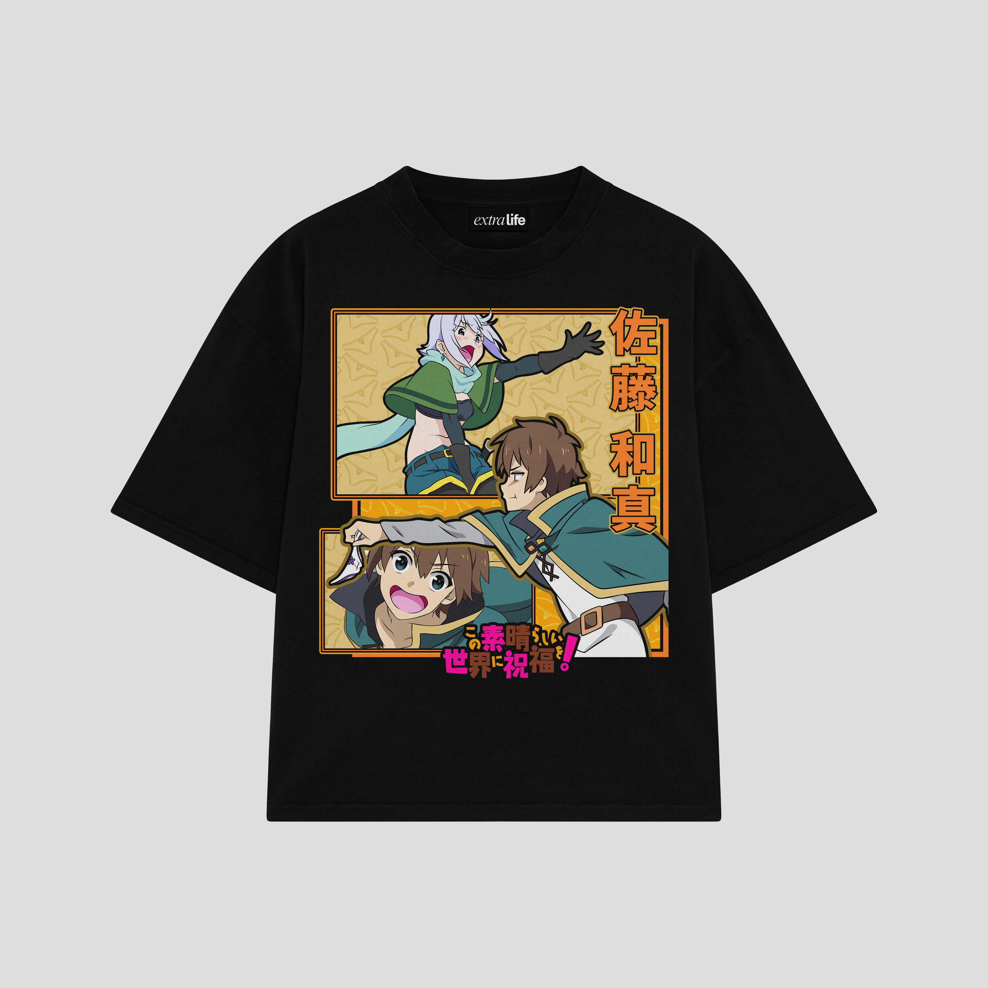 Playera streetwear premium de anime y gaming ExtraLife MX, corte boxy oversized drop shoulder heavyweight en color Deep Black y Off-White, moda urbana mexicana de culto.