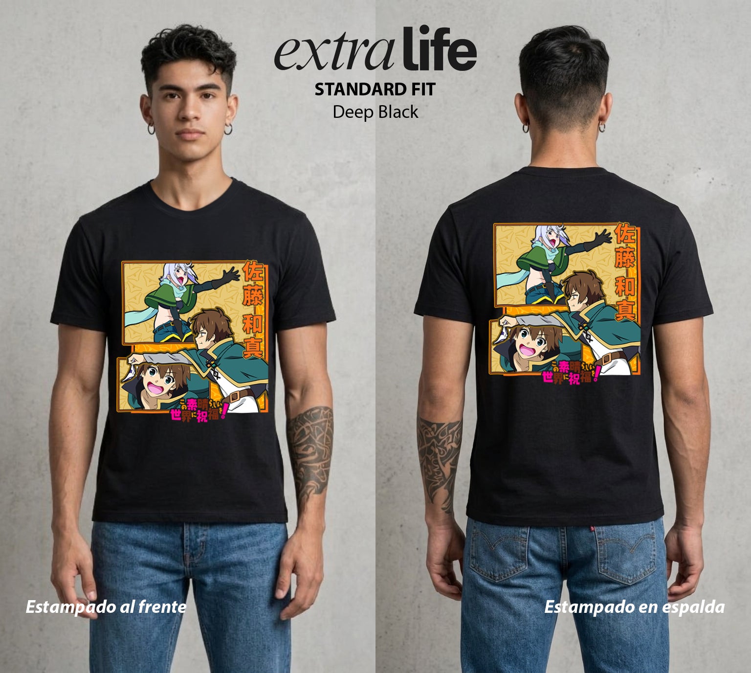 La Otra Vida del Heroe | El Protagonista del Isekai #02123 - Playera Standard Fit | Deep Black - Foto en modelo