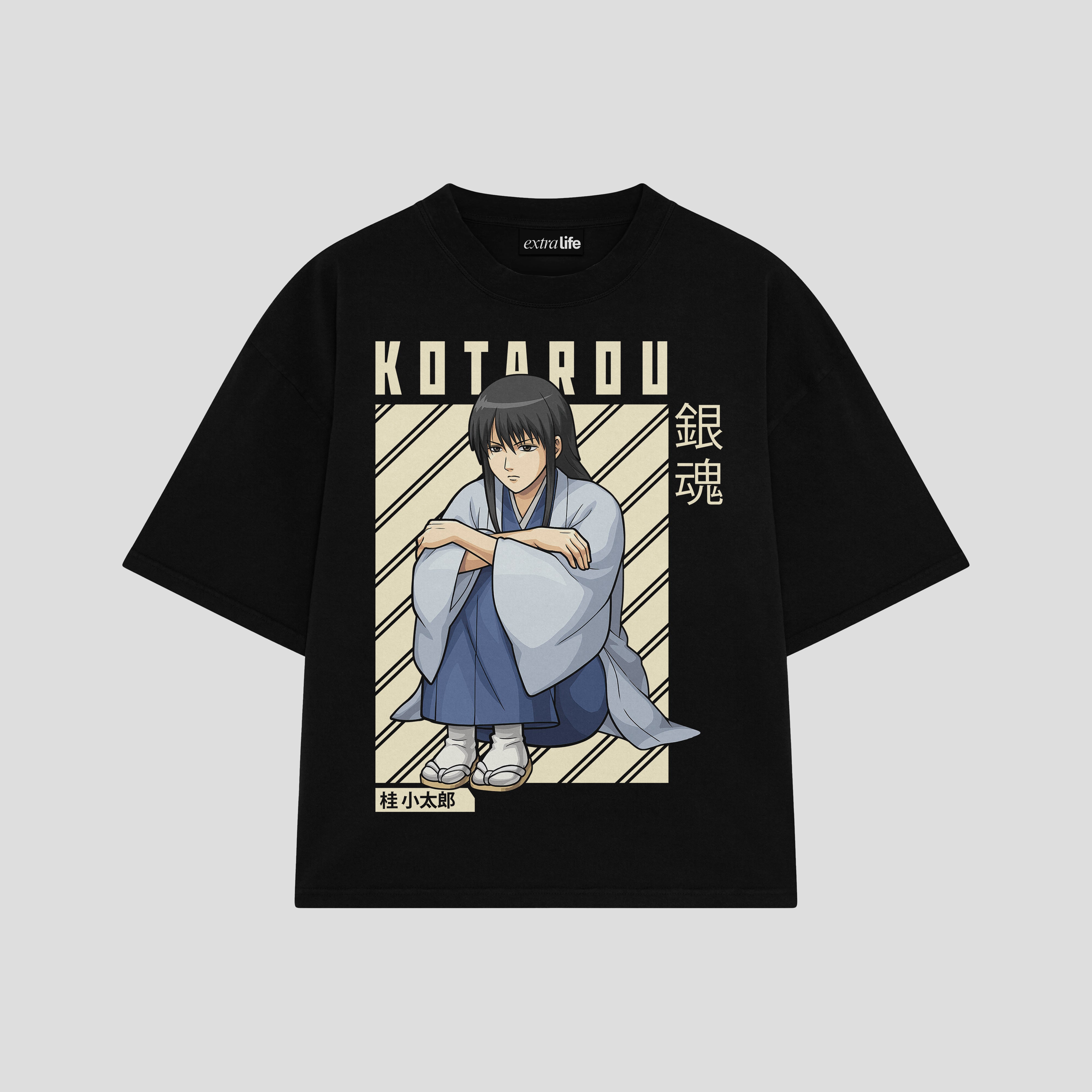 Playera streetwear premium de anime y gaming ExtraLife MX, corte boxy oversized drop shoulder heavyweight en color Deep Black y Off-White, moda urbana mexicana de culto.