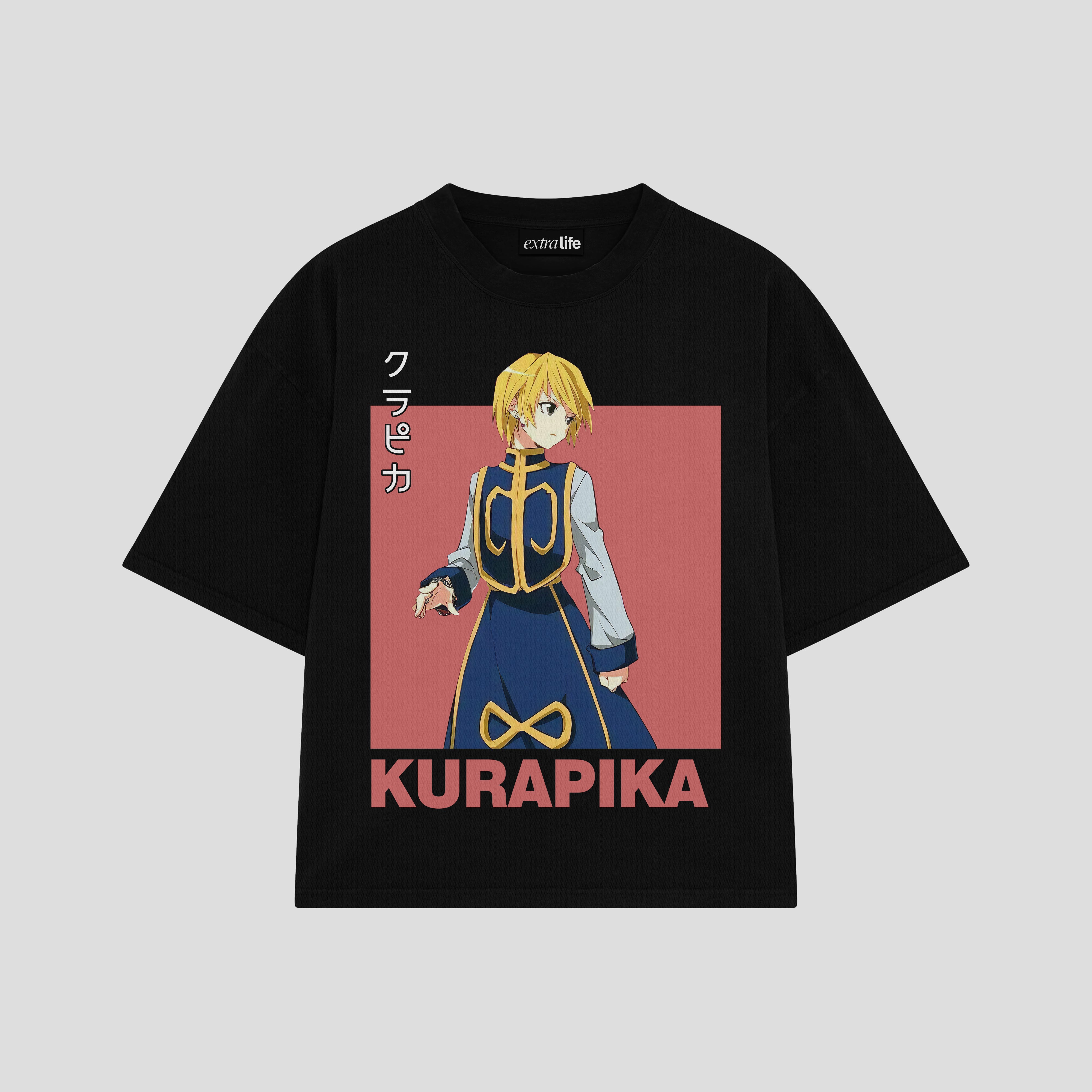 Playera streetwear premium de anime y gaming ExtraLife MX, corte boxy oversized drop shoulder heavyweight en color Deep Black y Off-White, moda urbana mexicana de culto.