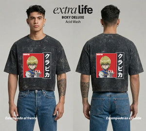 Playera streetwear premium de anime y gaming ExtraLife MX, corte boxy deluxe mineral wash heavyweight en color Acid Wash, moda urbana mexicana de culto.