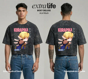 Playera streetwear premium de anime y gaming ExtraLife MX, corte boxy deluxe mineral wash heavyweight en color Acid Wash, moda urbana mexicana de culto.