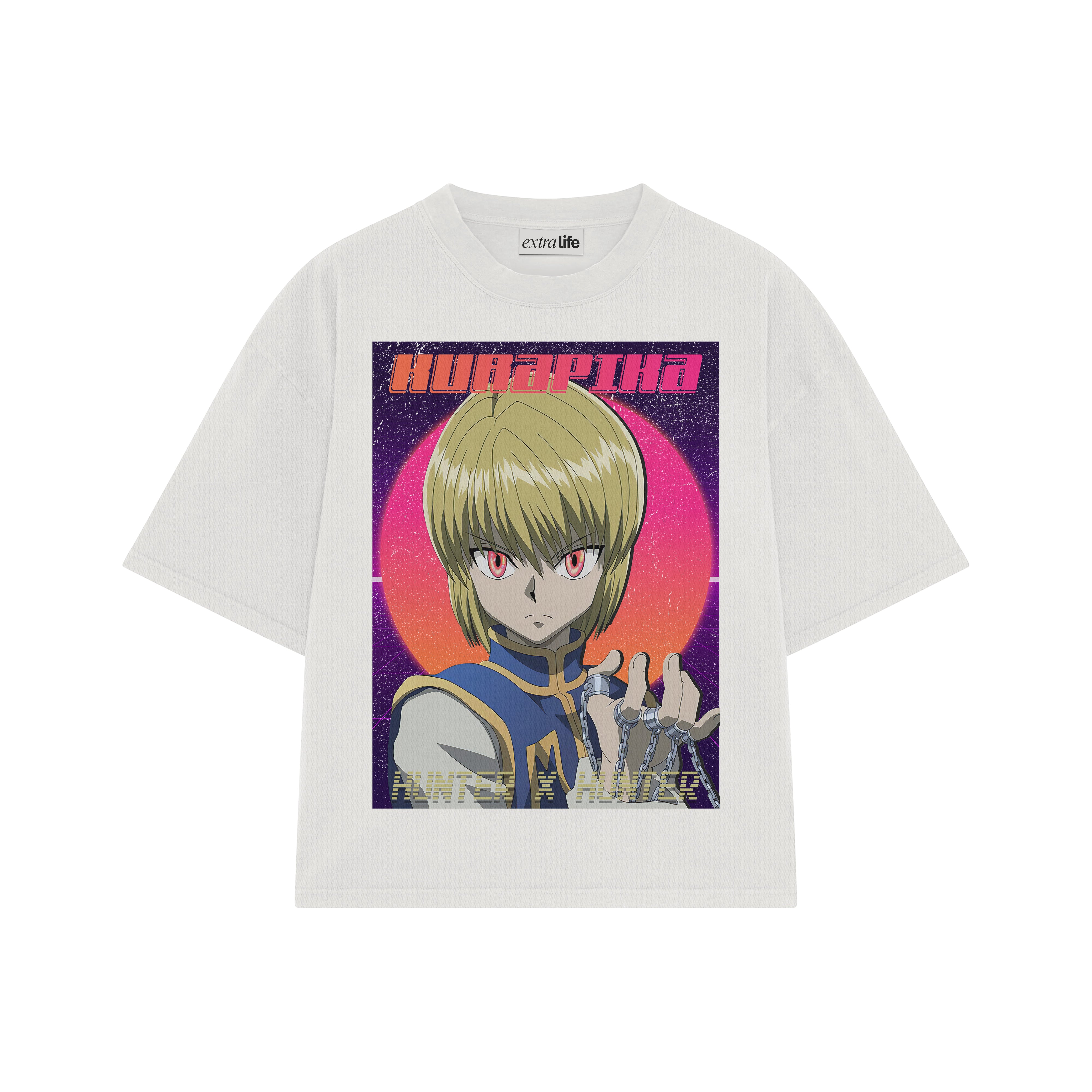 Playera streetwear premium de anime y gaming ExtraLife MX, corte boxy oversized drop shoulder heavyweight en color Deep Black y Off-White, moda urbana mexicana de culto.
