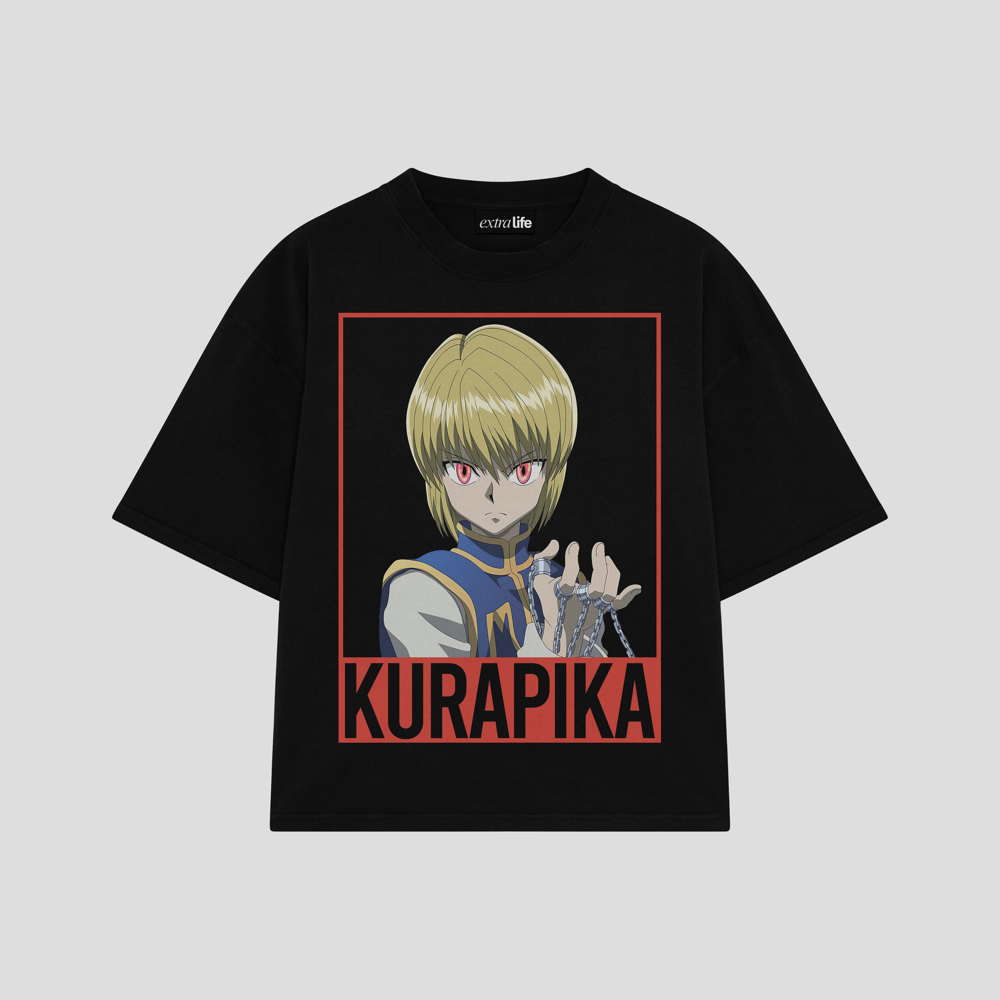 Playera streetwear premium de anime y gaming ExtraLife MX, corte boxy oversized drop shoulder heavyweight en color Deep Black y Off-White, moda urbana mexicana de culto.