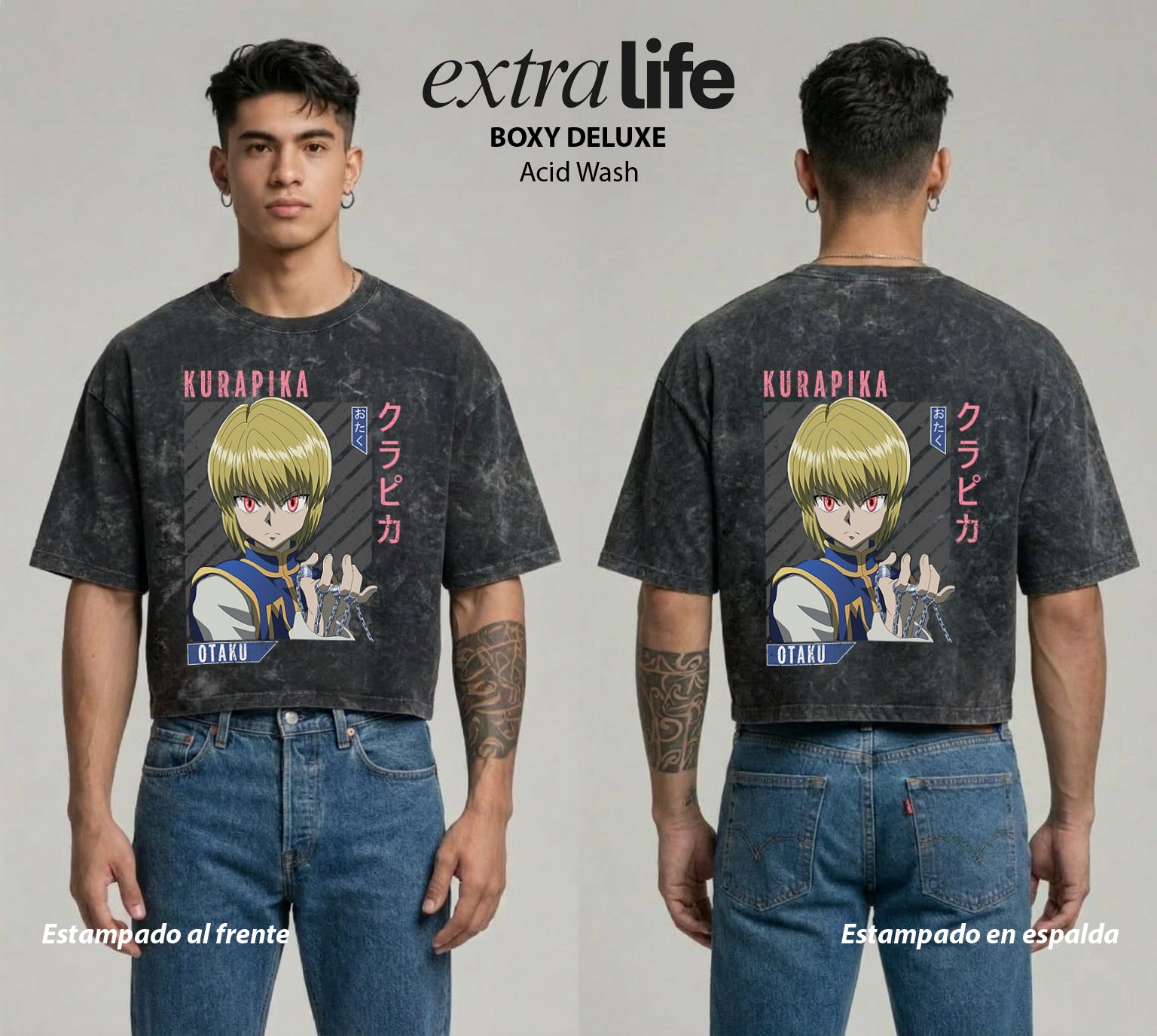 Playera streetwear premium de anime y gaming ExtraLife MX, corte boxy deluxe mineral wash heavyweight en color Acid Wash, moda urbana mexicana de culto.